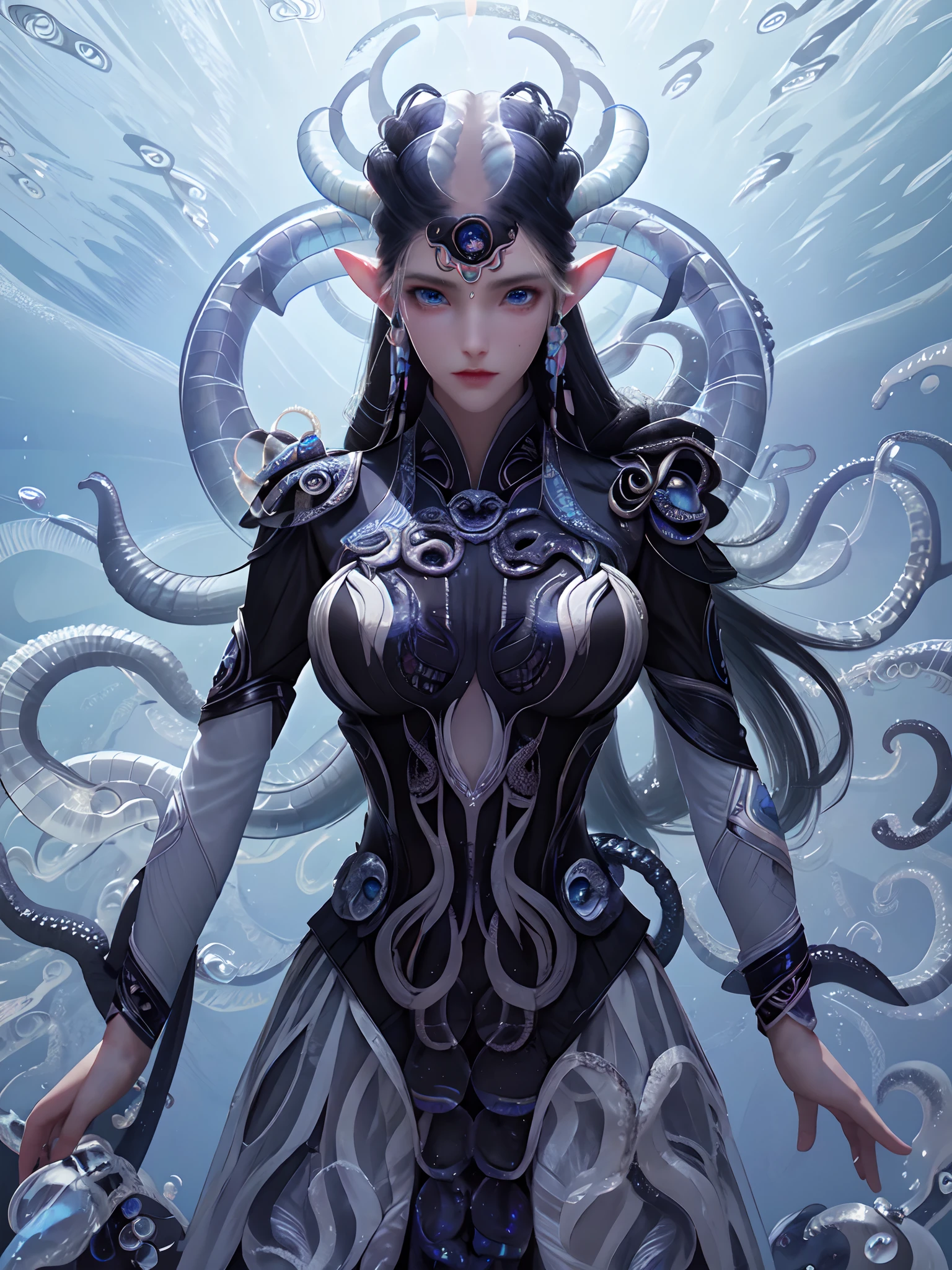 ((blue and navy color tone:1.3)) 1 girl, standing alone,Medusa filling up the ocean, millions of Medusa, a girl swimming ((Kale)) in the deep ocean surrounded by Medusa, ((Medusa)), deep black ocean,Sob o Mar,(photorrealistic:1.4), offcial art, unity wallpaper 8k, ultra detaild, beautiful and aesthetic, work of art,best qualityer, (dynamic angle:1.4), shining skin, (floating colorful sparkles:1) most beautiful form of chaos, chic, a brutalist designed, bright coloured, Romanticism, Ultra Wide Angle,