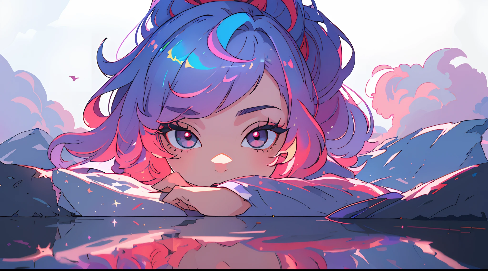 ((tmasterpiece)), (((beste-Qualit))), ((ultradetailed)), ((illustartion)),[The light effect of realism], eye shadow,(fantasy style),(whitebackground:1.6), Simple background, illustartion, 1 girl, sly look, Majestic view (multi-colored hair, Hair gradient, Hair color from blue to peach, without bangs, curly curl on the cheek, hairstyle: high ponytail, long tail), The eyes are crimson-red, Environment change scene, (The hair is surrounded by the bursts of the galaxy),))):((Her hair turns into galactic clouds,:1.27628), wide eyes, Lashes, side glance, Crystal hair, Glowing Hair, shirt with collar, galaxy, Additional lighting , wallpapers, letho, Lake, dawning, woods, Detailed forest, Clouds, tmasterpiece, Filmic, soft light, Depth of field, ray traced, Reflection in water, 真实感, Ulra expand,