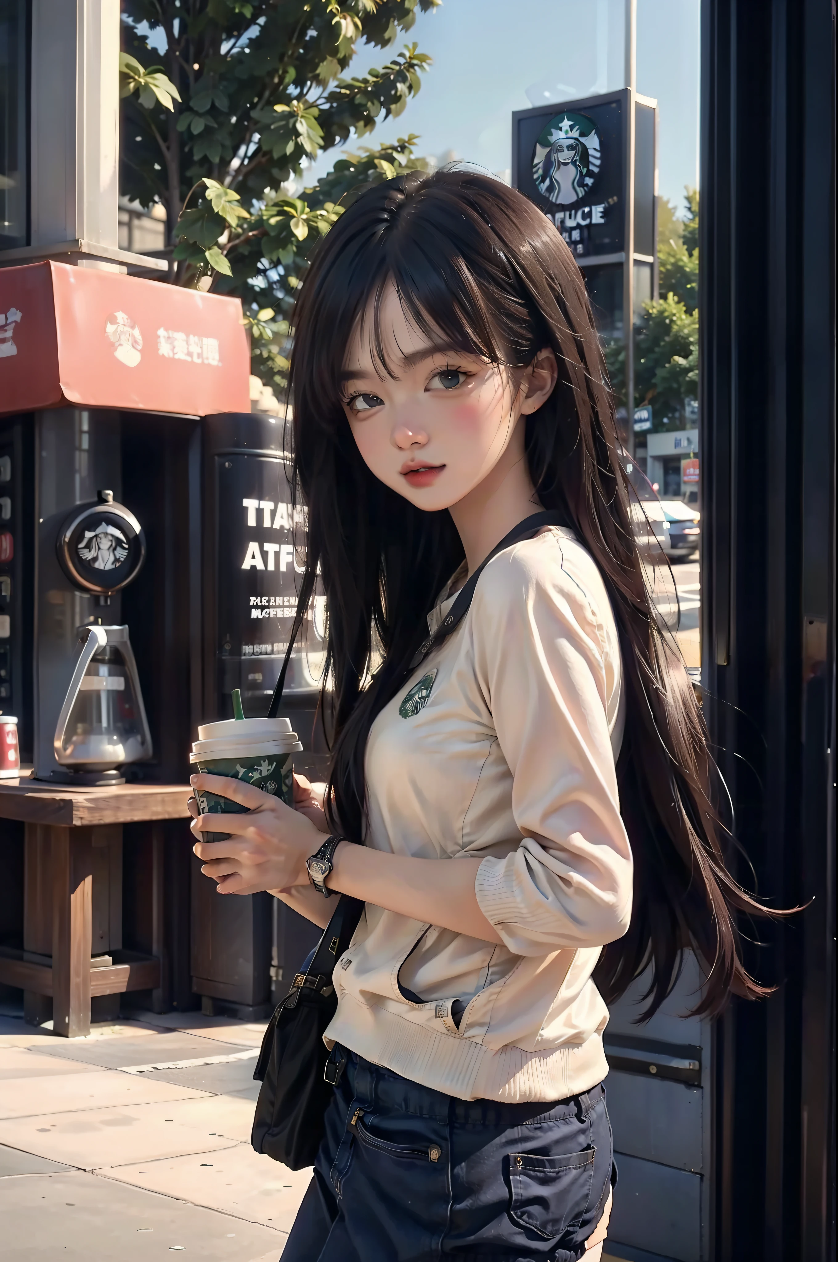 A girl holds Starbucks coffee，Stand on the street，looking back at the camera，Alipay logo、The poster reads, "I am a student，Please let me drink"