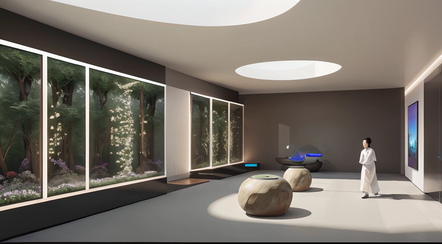 Enclosed indoor space, Bai,Lawn and flowers,, High-end pension industry exhibition hall, High-tech exhibition hall of health care industry, Nature meets technology, The indoor forest integrates a variety of high-tech display equipment and interactive platforms, There are many LED displays between green plants and flowers, Holographic devices and digital humans, An old Chinese strolling through it, nature harmony,big breasts beautiful, Harmonious immersive exhibition experience center, There is a transparent cylinder in the middle of the space, Show beautiful Chinese girl holographic transparent image,The space has 2 anthropomorphic service robots, and various data and UI interfaces,There are some lounge seats with artistic designs,There is an interactive interactive console,