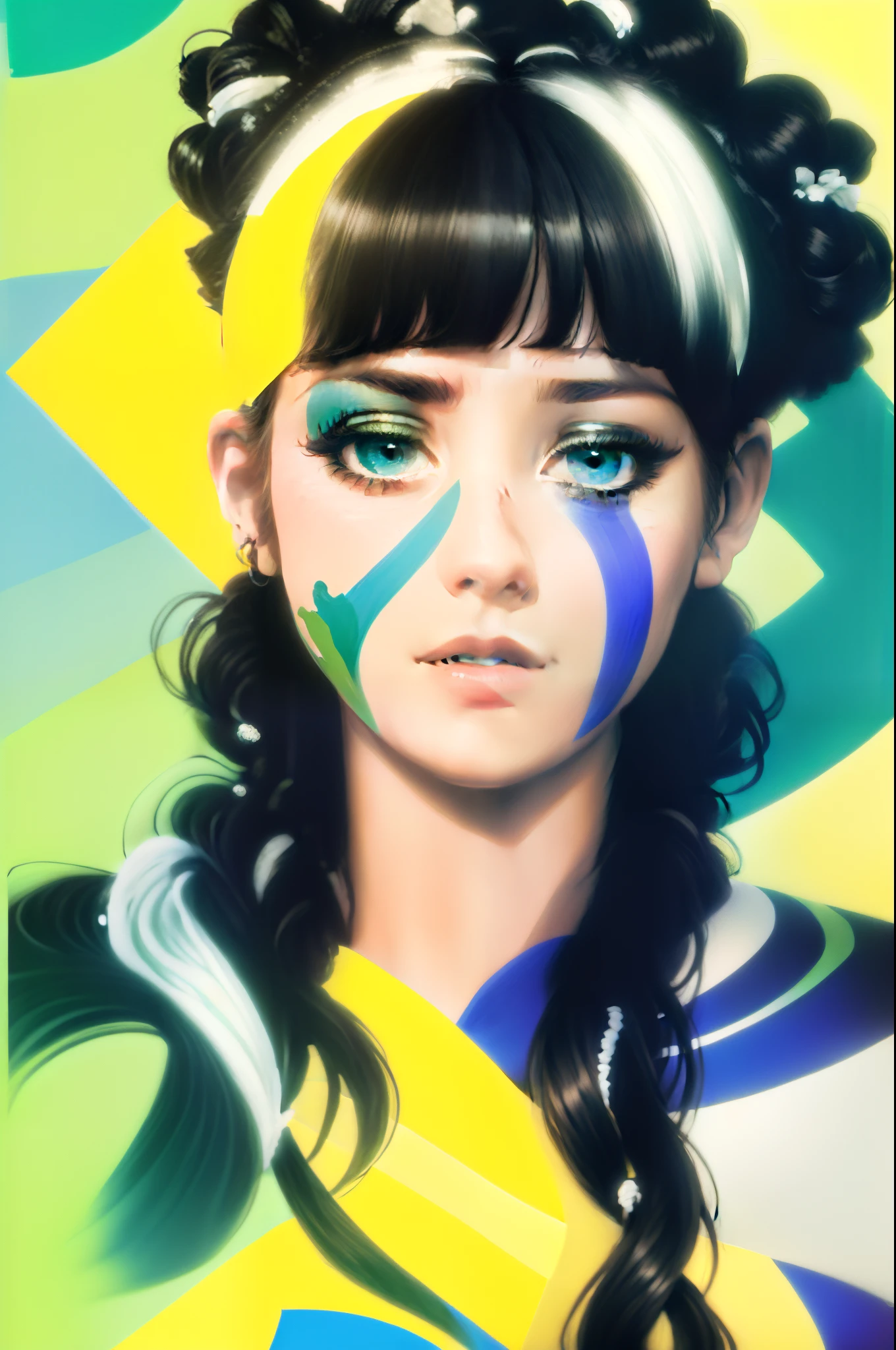 "a hyperrealistic portrait of a stunning model seamlessly merging with the vibrant colors and patterns inspired by the Brazilian flag, showcasing a unique blend of flat color, illustrator-style rendering, and vector graphics." green, yellow, blue, white, black, painted by brazilian flag