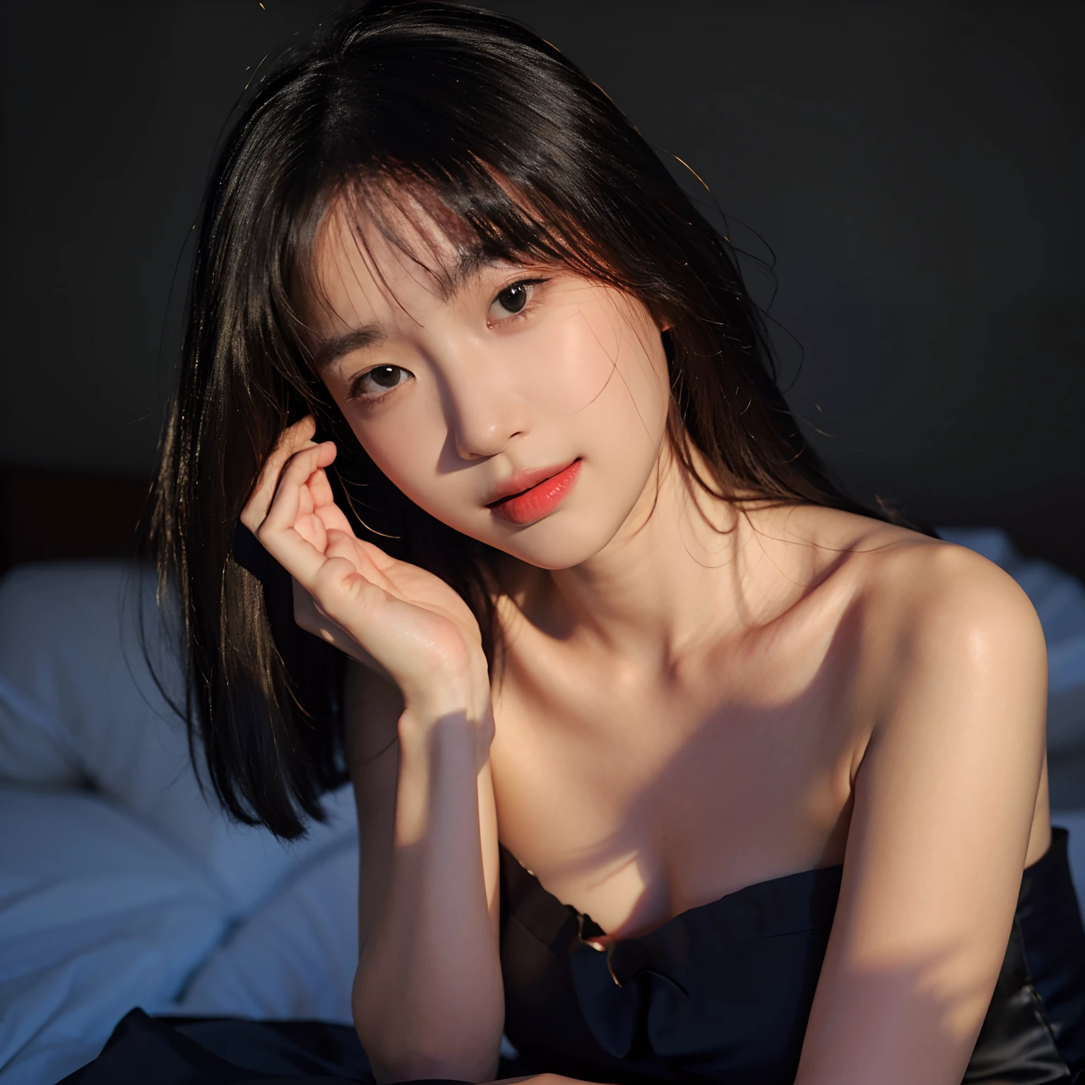 masterpiece, 8k, Best quality, ultra high res, (photorealistic:1.4), 1girl, (bare shoulders), Half-length photo, deep shadow, dark, film lighting, delicate face,delicate eyes, smile, with black background,inkyung, looking at viewer,