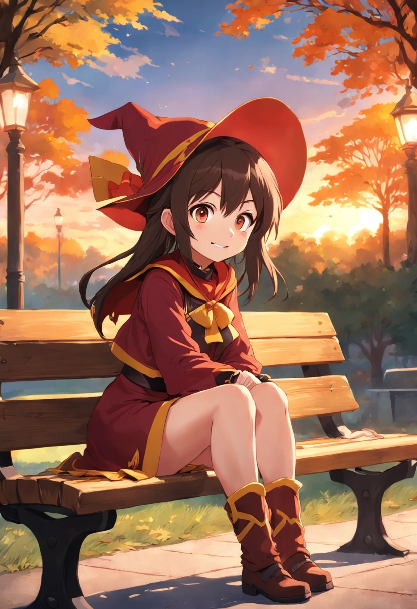 Subject: Megumin, Action: Sitting Context: On a park bench Setting: In a park Lightning: During sunset Artist: Konosuba Style: Anime Medium: Digital illustration Type: Character portrait Color Scheme: Warm, soft tones Computer Graphics: 2D Animation Quality: High Definition Positive Prompt: ((best quality)), ((masterpiece)), ((realistic)), A young Megumin, pictured as a child, sits on a park bench in a serene and peaceful environment. environment. The scene takes place in a beautiful park during a breathtaking sunset. Megumin, with her innocent smile, radiates pure joy and happiness. Her character comes to life through Konosuba's anime art style, capturing the essence of her youthful spirit. Artwork is created using digital illustration techniques, showing intricate detail and vibrant colors. The warm and muted tones used in the color scheme add a touch of tenderness and nostalgia to the scene. The 2D animation style adds to the overall charm and appeal of the artwork. O