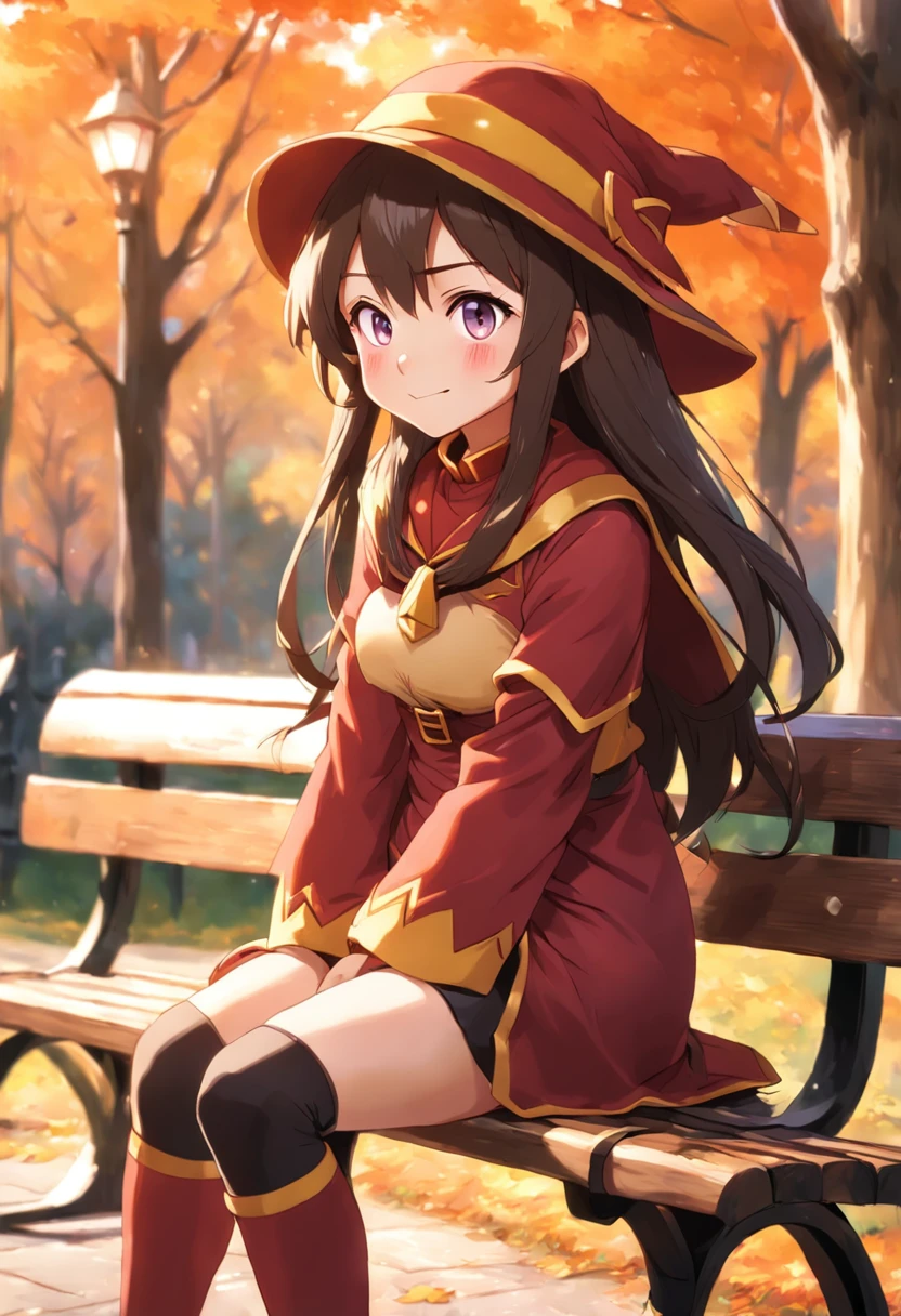 Subject: Megumin, Action: Sitting Context: On a park bench Setting: In a park Lightning: During sunset Artist: Konosuba Style: Anime Medium: Digital illustration Type: Character portrait Color Scheme: Warm, soft tones Computer Graphics: 2D Animation Quality: High Definition Positive Prompt: ((best quality)), ((masterpiece)), ((realistic)), A young Megumin, pictured as a , sits on a park bench in a serene and peaceful environment. environment. The scene takes place in a beautiful park during a breathtaking sunset. Megumin, with her innocent smile, radiates pure joy and happiness. Her character comes to life through Konosuba's anime art style, capturing the essence of her youthful spirit. Artwork is created using digital illustration techniques, showing intricate detail and vibrant colors. The warm and muted tones used in the color scheme add a touch of tenderness and nostalgia to the scene. The 2D animation style adds to the overall charm and appeal of the artwork. O