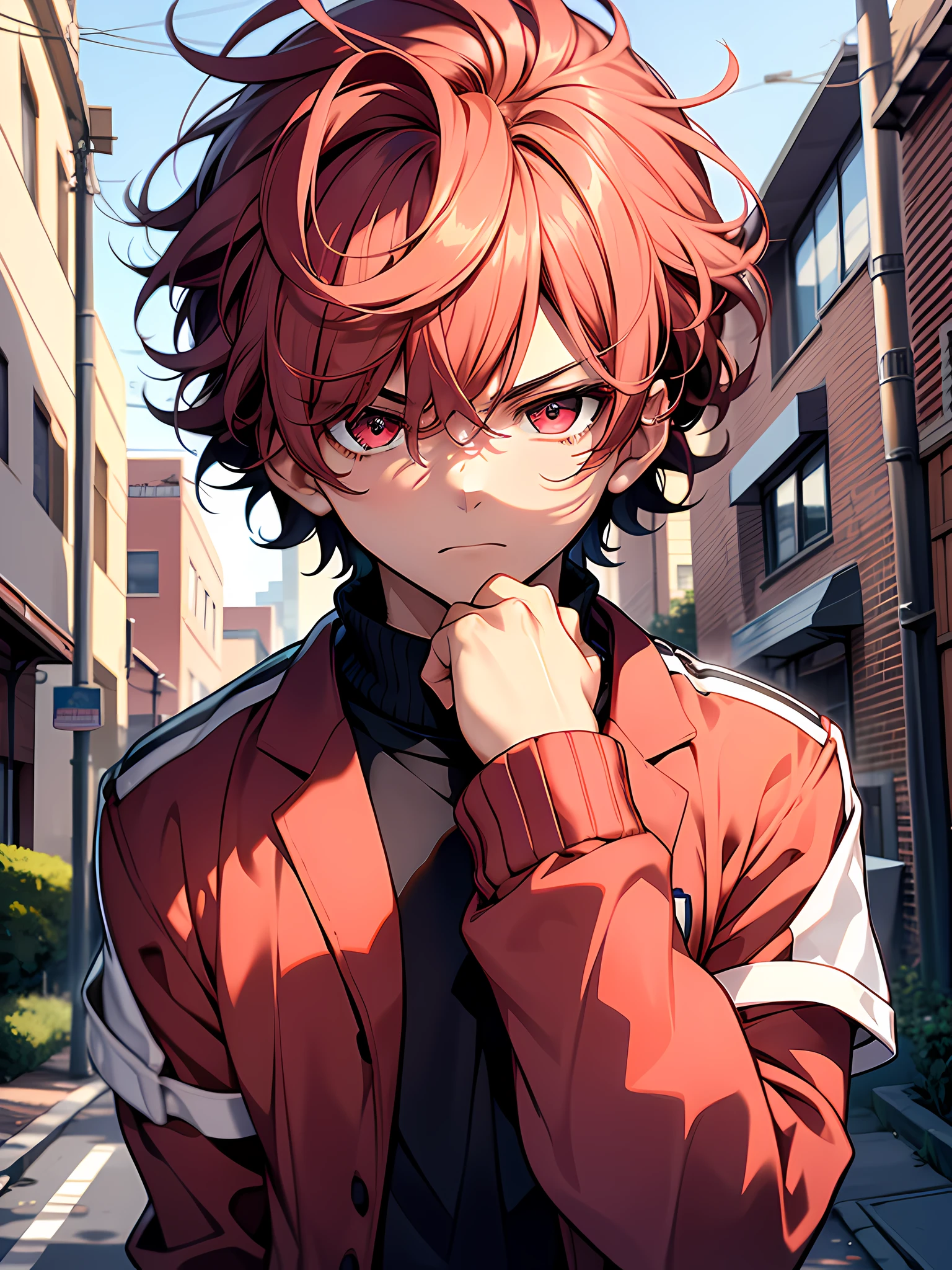 1boy, sad face, accurate beautiful red eyes, accurate curly short pink hair, body is well proportioned, wearing highschool uniform, his in the neighborhood, looking at viewer, high resolution, ultrasharp, 8k, masterpiece