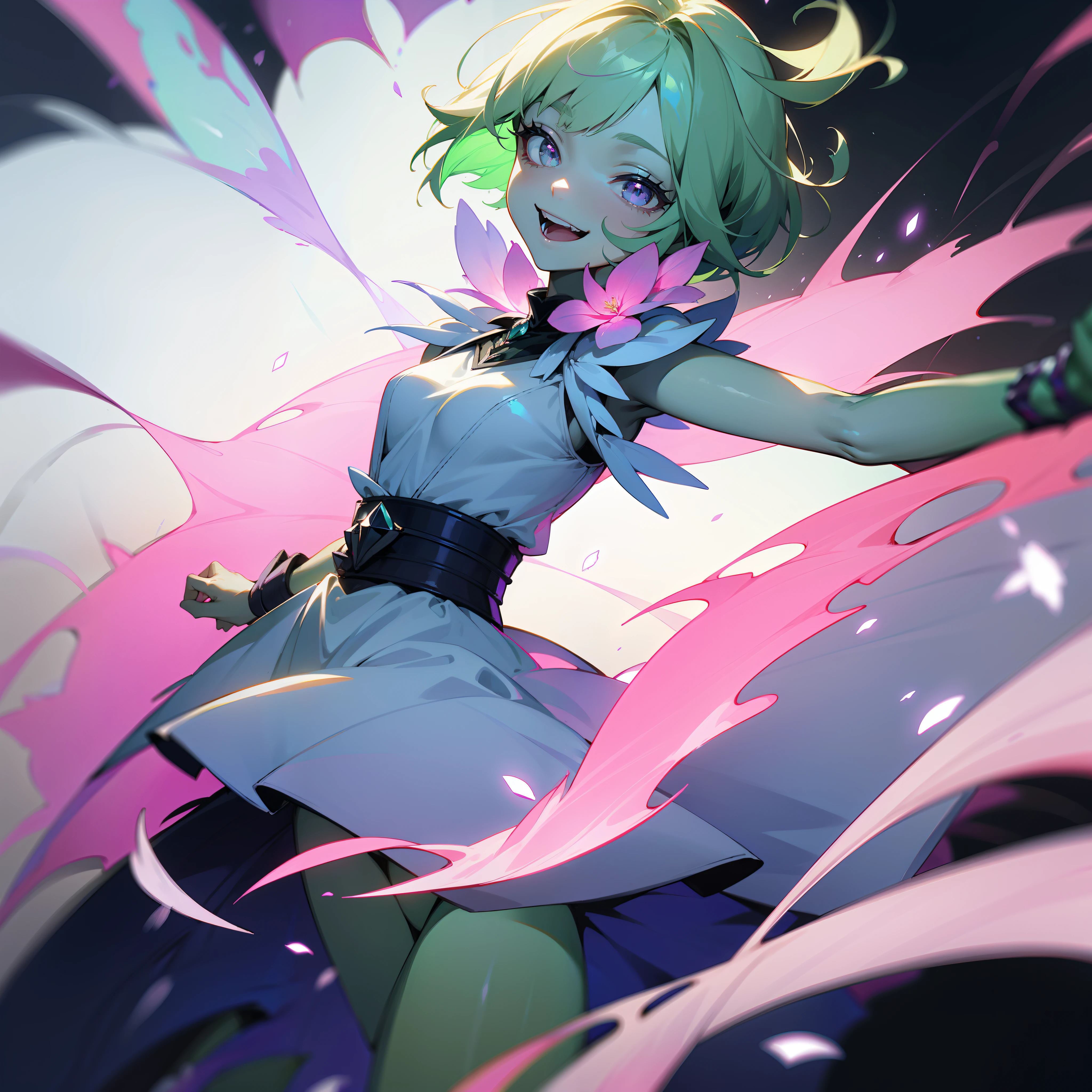 pink short hair,The hair is a little gray,Flower Fairy,green colored skin,There are crystals on the skin,flower elements,Pure white eyes,Pathological features,Evil laughter,blue-white dress,Purple flames wafted from the flowers,4K,Dingdall effect,Enhance light