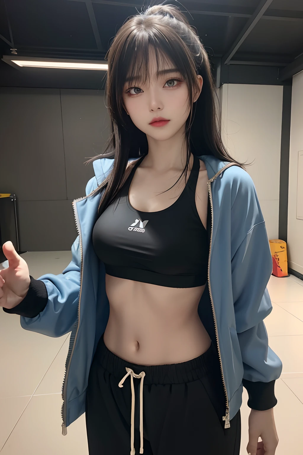 sports bra, sports jacket, sweatpants, no panties, (cyberpunk setting: 1.2), makeup,, (1 girl: 1.4), best quality, masterpiece, (reality: 1.2), young woman, lady, Detailed face, detailed eyes, detailed hair, detailed skin, looking at viewer, dramatic, vibrant, sharp focus, 50mm, F1.2, EOS R8, (3/4 body: 1.2), standing, (Complex Background: 1.6), (Best Quality Detail: 1.2), 8K HD,