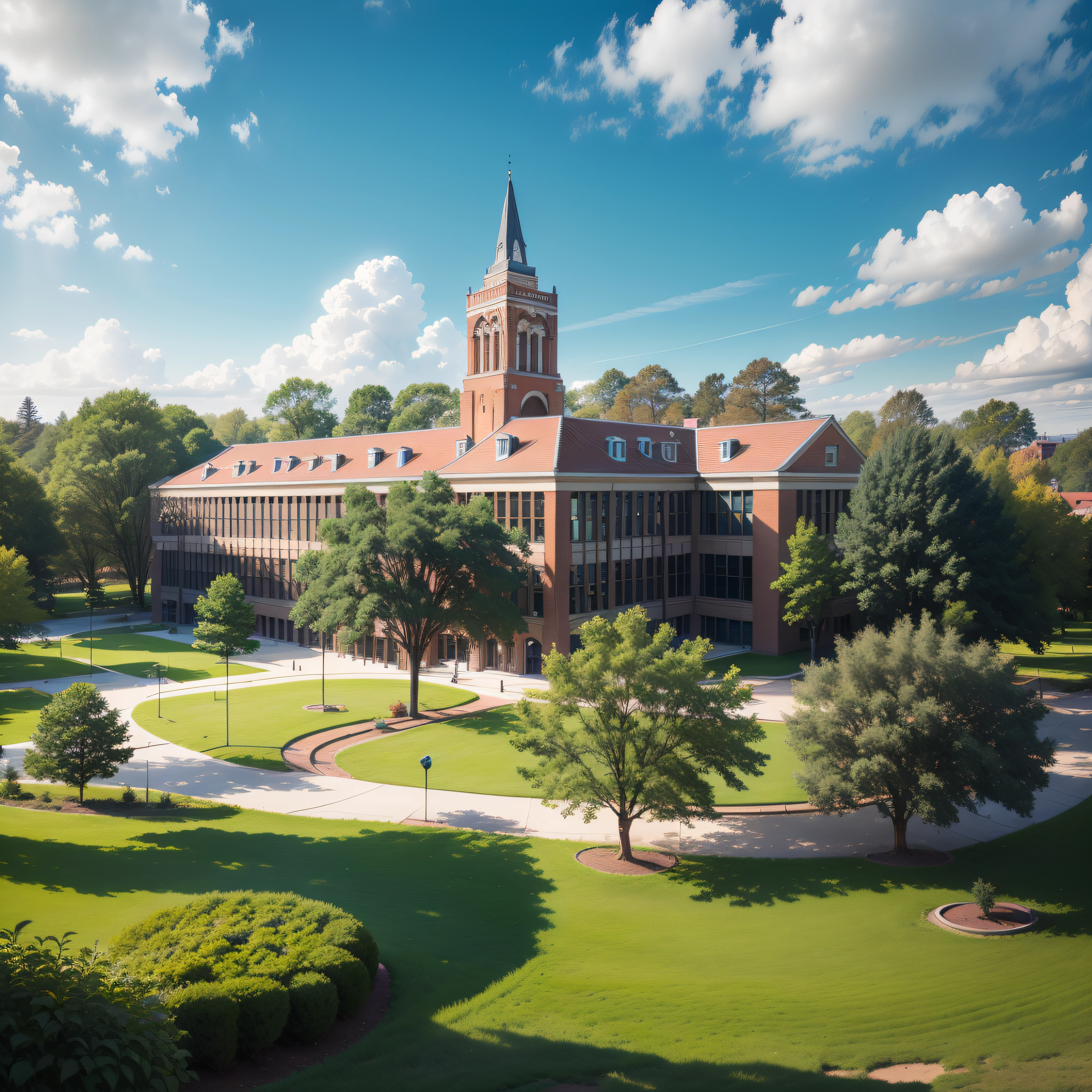 High- sharpness，The morning sun shines on the beautiful campus，Shade，Teaching building in the distance，vibrant with colors，