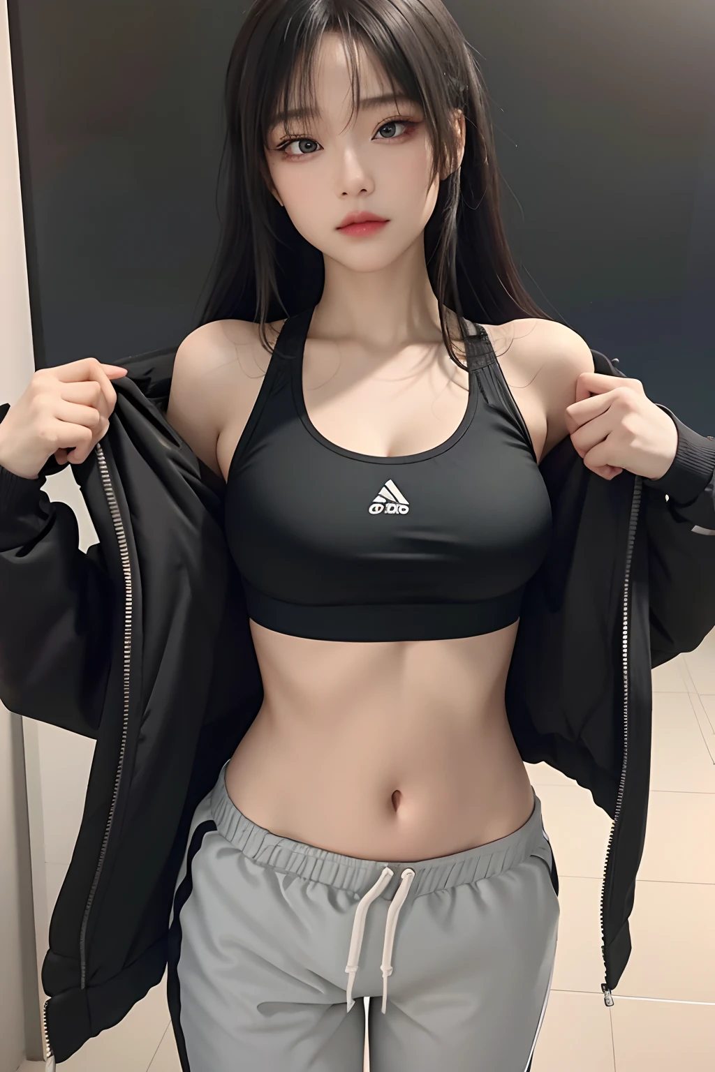 1girl, white skin, korean, young, black long hair, eyes with heterochromia, red frame eyeglasses, thick eyebrows, freckles on skin, head tilted, smiling, hoody, gym shorts, lifting crotch up, wide thighs, wide thigh gap, one thigh raised, at mall, high detail, 8k, super detail, highres, best quality, high quality, high details, textured skin, masterpiece