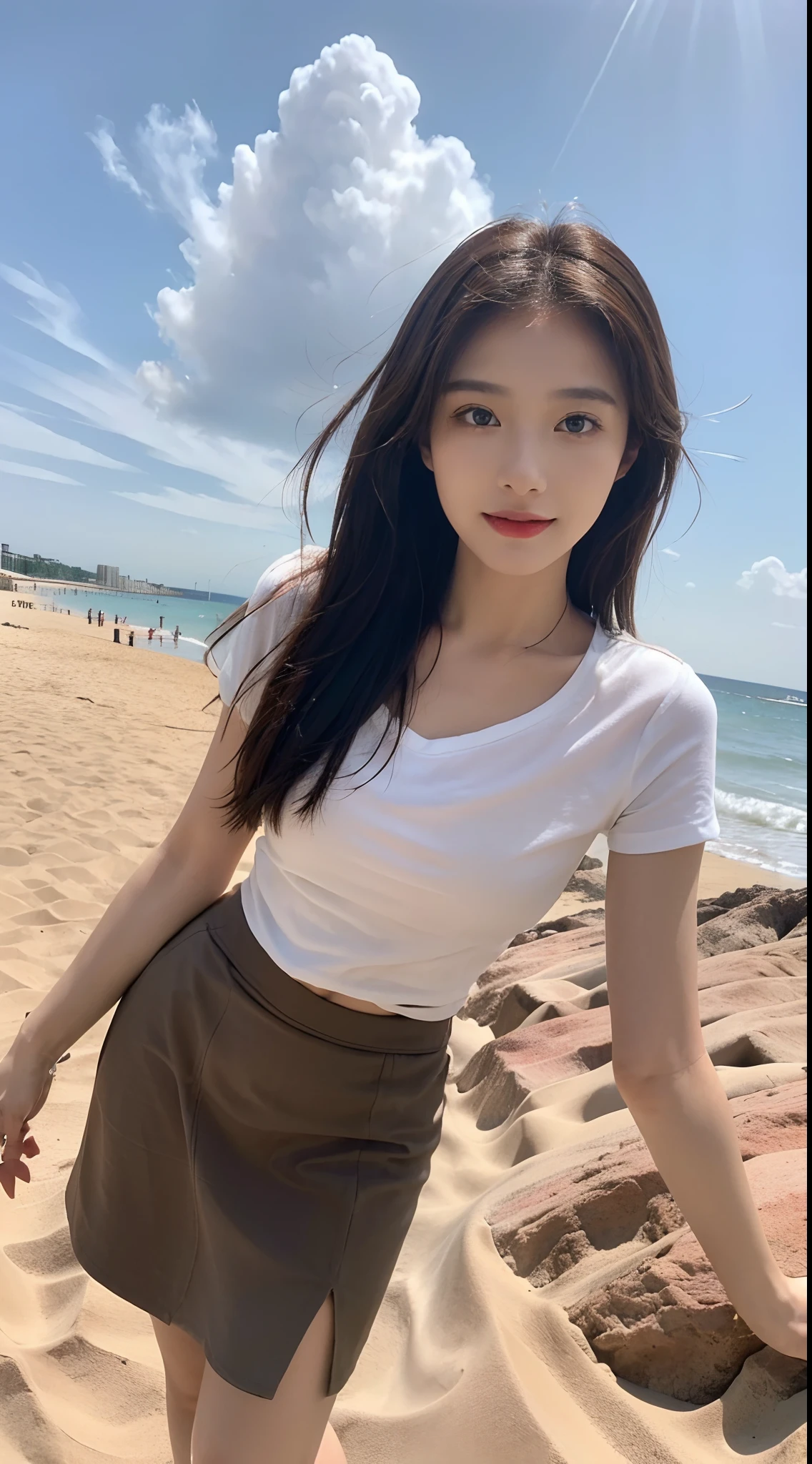 ((Best picture quality, 8K, tmasterpiece: 1.3)), self-shot, Sharp focus: 1.2, A cute beauty with a perfect figure: 1.4, Slim, ((Brown hair black)) , (whitet-shirt，pleatedskirt，Highly detailed face，Happy expression，standing on your feet：1.2），（（with blue sky and white clouds，Beach by the sea：1.3. Produced with a major focus on women）），Highly detailed facial and skin texture，Detailed eyes，二重まぶた