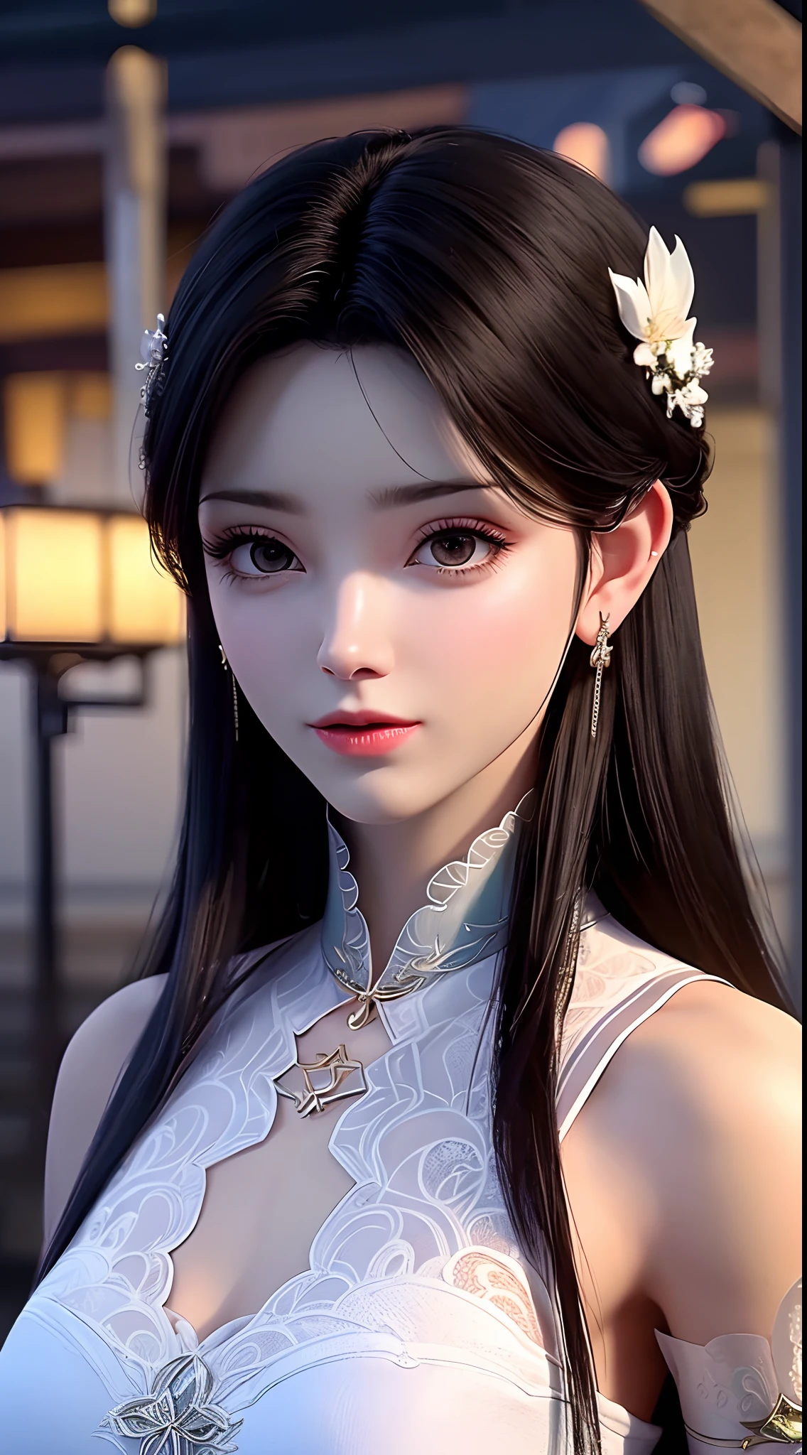 1 beautiful girl wearing ancient costumes, ((pink and light white outfit: 0.8)), Long and silky black hair, hair jewelry and necklaces, Beautiful little face Thin eyebrows, the most beautiful and spotless face, the very beautiful eyes, big round black eyes, fine and detailed makeup eyelashes, High nose, wearing earrings,Small red lips, rosy face, Enlarged and round breasts, tight breasts, breast augmentation, Slim and petite body, Portrait of a beautiful girl, 8k photo, super high quality, super realistic, 10x super pixels, photo realistic, dark studio, border light, two tone light, (detailed skin) high: 1.2), 8k uhd, dslr, soft light, high quality, volumetric light, candid, Photo, high resolution, 4k quality, 8k, Bokeh, Smooth and sharp, pixel up 10 times, (background space: 1.8), (galaxy: 1.7), aurora, lightning, (Aurora Background: 1.8), upper body,