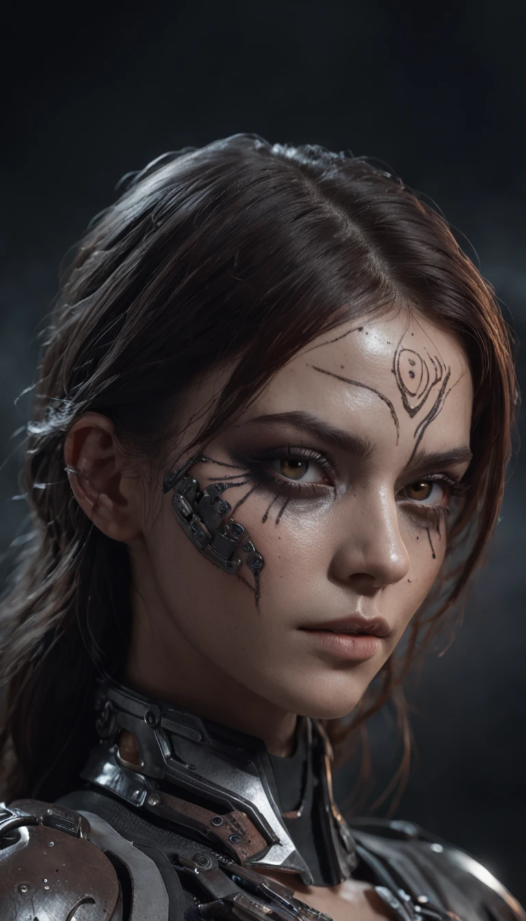 Beautiful cyborg warrior woman in rusty magic style, cyberpunk augmentation, Cyber Software, Cyborg, carbon fibers, Chrome, Implants, metal skull, Cyber plate armor, (Dark atmosphere:1.2), (Mist & Smoke), (It's Dark Night:1.3), the scars, (dark medium length disheveled hair:1.1), (eye shadows:1.1), (beautifully detailed glow:1.2), (Cinematic lighting), intricately details, A high resolution, Rounded eyes, Detailed facial features, sharp-focus, smooth, Aesthetic, Detailed dark background of industrial plant, Stylish pose, dynamicposes, (dramapaint)