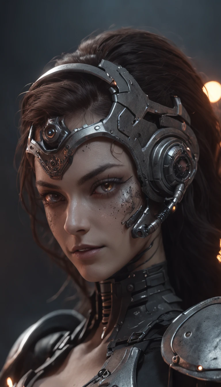 Beautiful cyborg warrior woman in rusty magic style, cyberpunk augmentation, Cyber Software, Cyborg, carbon fibers, Chrome, Implants, metal skull, Cyber plate armor, (Dark atmosphere:1.2), (Mist & Smoke), (It's Dark Night:1.3), the scars, (dark medium length disheveled hair:1.1), (eye shadows:1.1), (beautifully detailed glow:1.2), (Cinematic lighting), intricately details, A high resolution, Rounded eyes, Detailed facial features, sharp-focus, smooth, Aesthetic, Detailed dark background of industrial plant, Stylish pose, dynamicposes, (dramapaint)