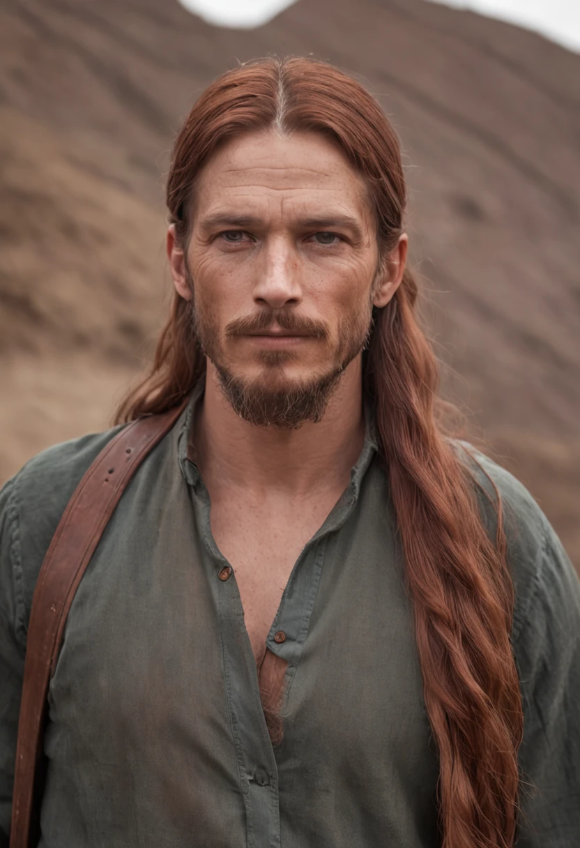 a portrait photo of, James Hebert and Ben Robson mix headshot as a weathered 30-year-old man, ugliness, Hideous, lanyard, broad shoulder, well built, rugged, long copper rust-colored hair, Hair tied in a loose ponytail, Widow's peak,Whole body muscles ,Confident expression, intense stare, full bodyesbian,Beardless,