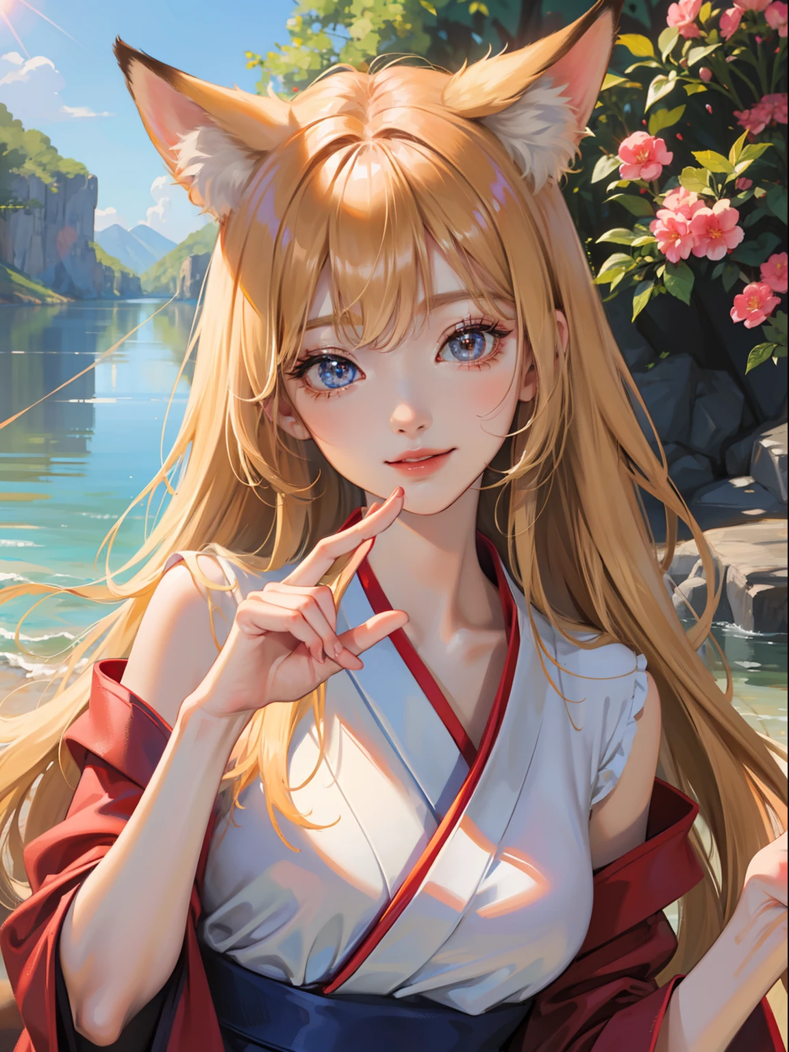 masutepiece, High resolution, 8K, anime woman, Delicate and detailed writing 、Detailed digital illustration、Very long hair and shiny、a very beautiful woman、Eyes are double, Large, Slender eyes、Bust is D cup、High image quality, High quality、Detailed background、I'm wearing a hair ornament.、Glittering background、The inside of the eye shines like a diamond、4 fingers, 1 thumb、Detailed female face、Smile、Very beautiful and cute woman、a blond、Fox ears、细致背景、​masterpiece、Soft Focus , Bright gradient watercolor , Lens Flare , Glitter , Glow , Dreamy ,Red kimono、Background of the flower garden、Colorful rainbow flowers、Clear sky background、in woods、I'm grateful、Holding a fox