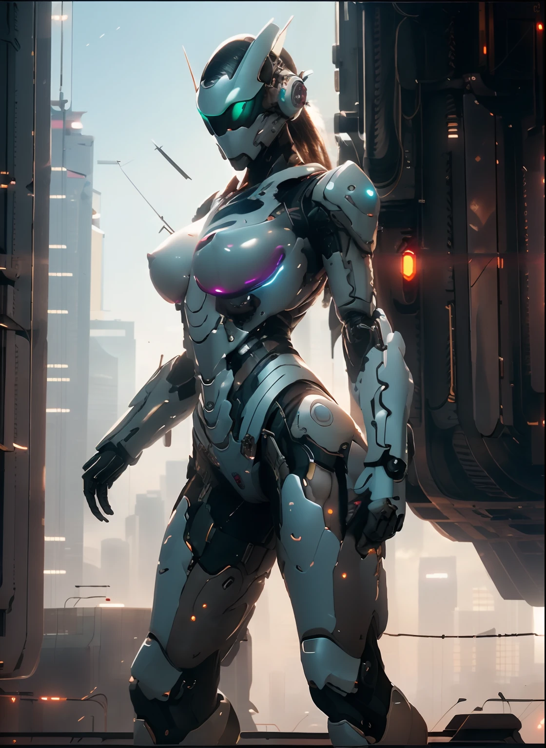 Dystopian, [sci-fi], High Detail RAW color Photo, Full Shot, rear angle, of (cute female arterial intelligence, wearing see-through white chemise), outdoors, standing, on overlook, looking out at sprawling cyberpunk city skyline), toned physique, large ass, (pale skin), perfect face, seductive look, (cybernetic implants:1.2), (augmentations), (cyborg:1.1), (detailed skin, diffused skin pores), silicone, metal, (highly detailed, fine details, intricate), (lens flare:0.5), (bloom:0.5), smog, dust, (badlands:0.8), (observitory:0.7), raytracing, specular lighting, shallow depth of field, photographed on a Sony Alpha 1, EF 85mm lens, f/2.8, hard focus, smooth, cinematic film still, [Cyberpunk:Orwelian:12]