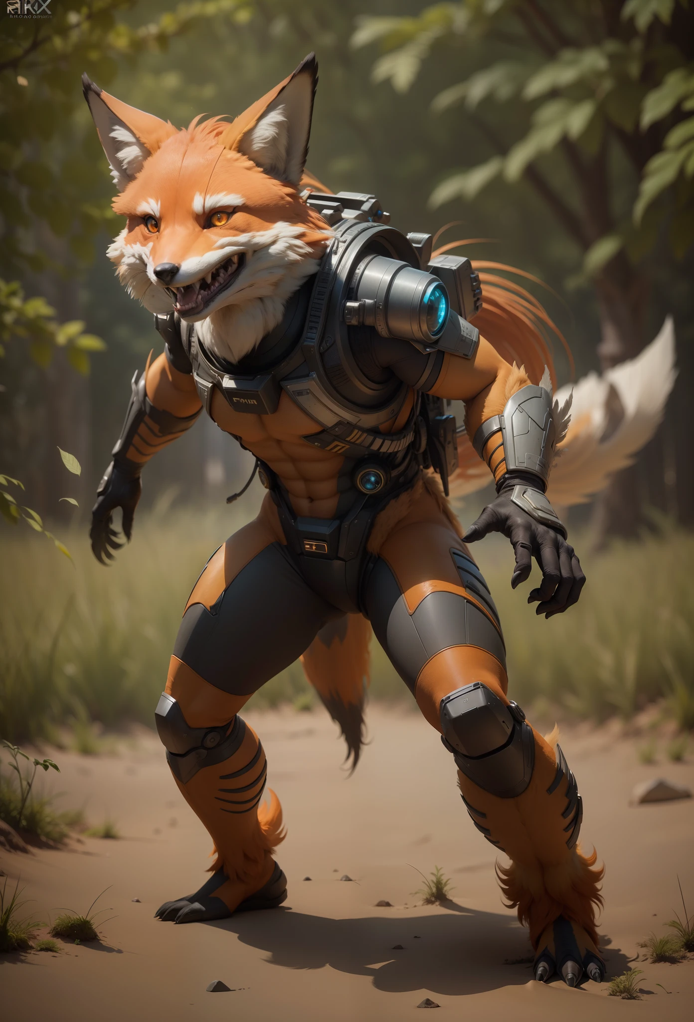 Sci fi humanoid creature with the feathers of a fox and mutant traits similar to rocket smile grinning teeth real photography, natural light, photorealism, cinematic rendering, ray tracing, the highest quality, the highest detail, Cinematic, Third-Person View, Blur Effect, Long Exposure, 8K, Ultra-HD, Natural Lighting, Moody Lighting, Cinematic Lighting