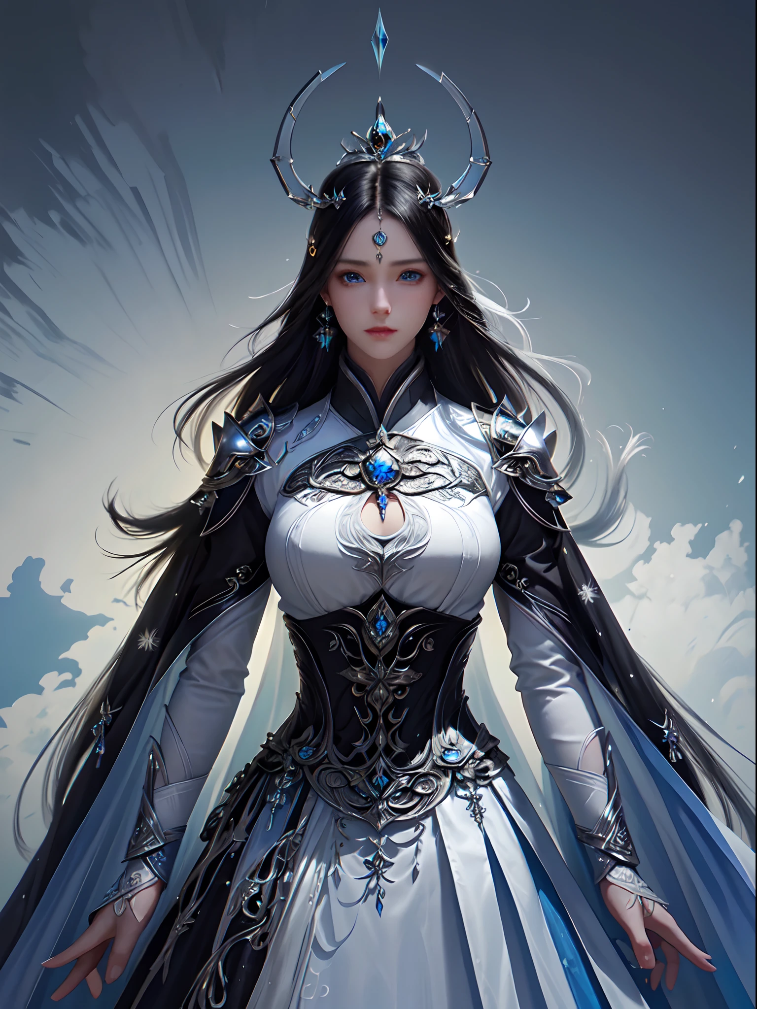 (Upper body:1.5), 1girll, Depth of field, offcial art, Unity 8k wallpaper, Ultra detailed, illustration, Beautiful and aesthetic, Masterpiece, Best quality, cavalier, (Big breasts), (A MILF, Mature female), (Black armor, Armor, chest plate), Beautiful face, (Long hair, Black hair,  Very straight hair:1.4, hime-cut:1.4), Blue eyes, Cowboy shot, Glowing skin, back Lighting, Athletic figure, Muscular female, Curvy, Wide hips, Colorful, view the viewer, Hyperrealistic, Gradient background, Dark background, outline, fantasy, From the front, aquarelle, Traditional media, (color difference, Intricate details)