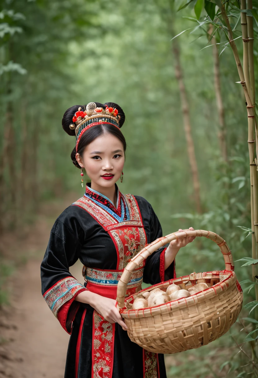 Beautiful woman in Hmong costume,Carrying a bamboo basket,There are a lot of wild mushrooms in the bamboo basket,Wild mushrooms, Traditional clothing, Traditional Chinese clothing, traditionalcostumes, wearing authentic attire, Chinese woman, Chinese traditional, Chinese girl, Wearing traditional attire, Wearing gorgeous Hmong clothes, minority,The background is in the forest,The light is beautiful,Picking mushrooms,
