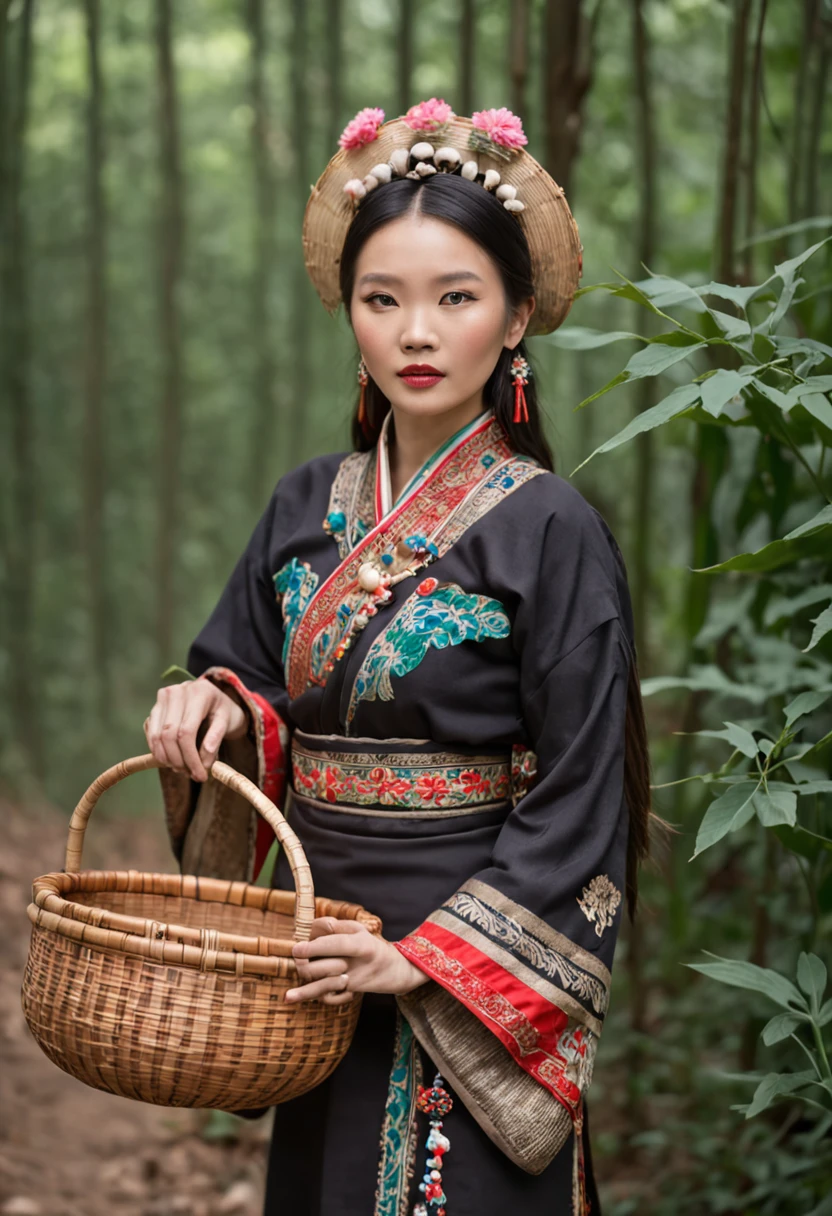 Beautiful woman in Hmong costume,Carrying a bamboo basket,There are a lot of wild mushrooms in the bamboo basket,Wild mushrooms, Traditional clothing, Traditional Chinese clothing, traditionalcostumes, wearing authentic attire, Chinese woman, Chinese traditional, Chinese girl, Wearing traditional attire, Wearing gorgeous Hmong clothes, minority,The background is in the forest,The light is beautiful,Picking mushrooms,