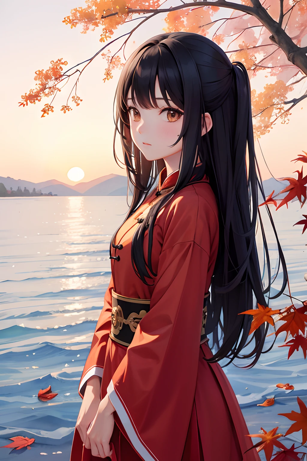 It is a beautiful and aesthetic watercolor painting (1.2). The main subjects are girls (1.3) Unique people, Colorful hair - half of them are black, The other half is a bright rust color (1.2). set at night, A breathtakingly beautiful sunset casts bright shadows on the canvas. The scene is like a dream, dreamy feel. There is a large maple tree in the scene, Many autumn leaves flutter in the air. Girls dressed in traditional Chinese clothing, Facial expressions that reflect sadness.