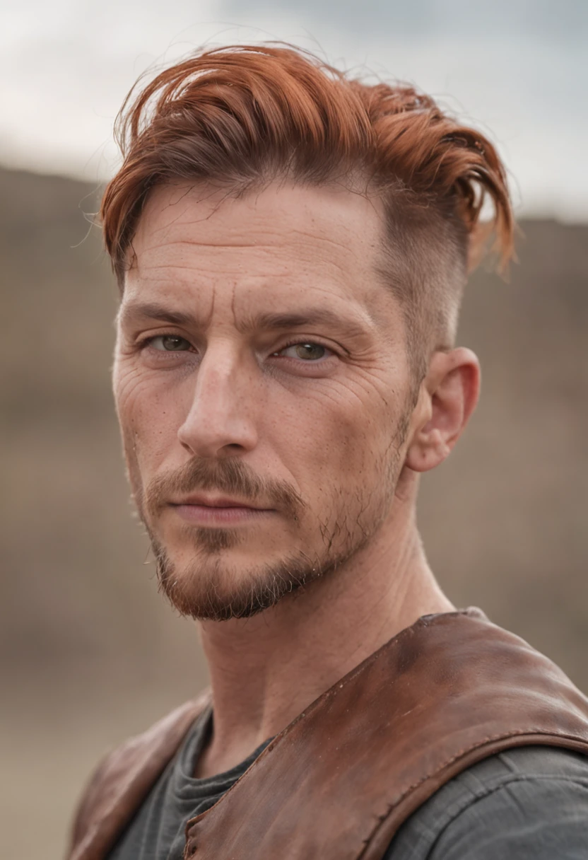 a portrait photo of, James Hebert and Ben Robson mix headshot as a weathered 30-year-old man, ugliness, Hideous, lanyard, broad shoulder, well built, rugged, short copper rust-colored hair, Hair tied in a loose ponytail, Widow's peak,Whole body muscles ,Confident expression, intense stare, full bodyesbian,Beardless,