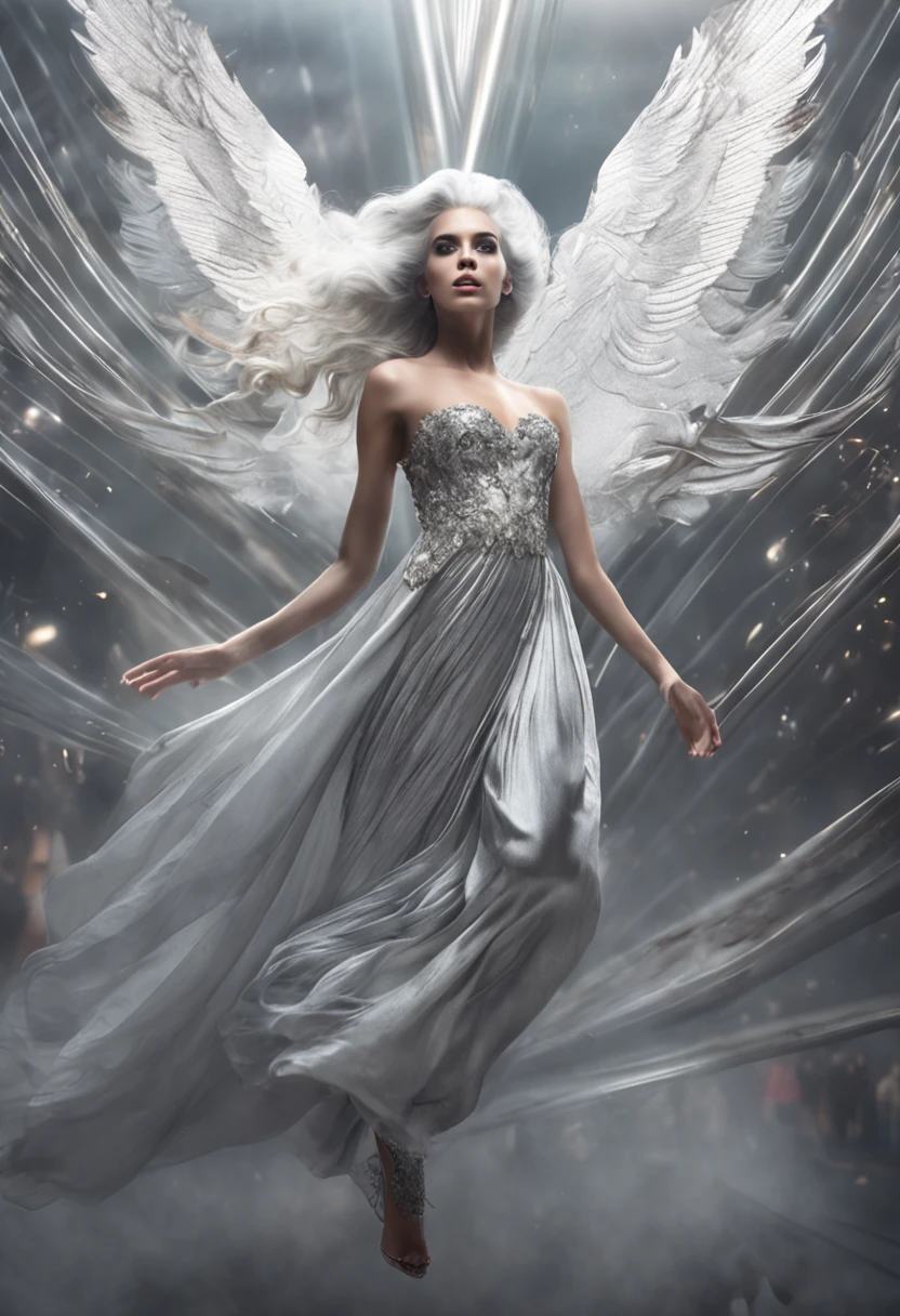 "A majestic, ethereal goddess with voluminous silver hair, adorned in a flowing silver dress, gracefully flying up in the air above a mesmerized crowd, over a modeling runway modern platform."