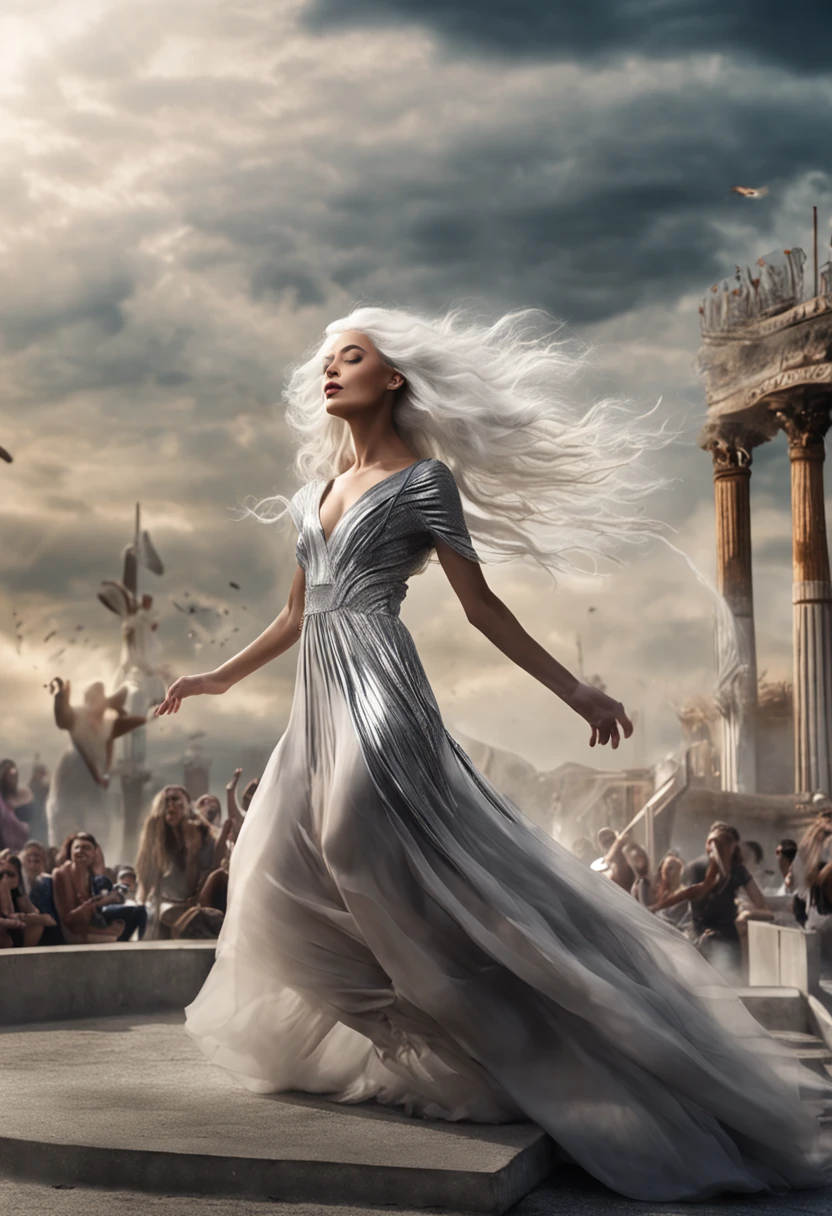 "A majestic, ethereal goddess with voluminous silver hair, adorned in a flowing silver dress, gracefully flying up in the air above a mesmerized crowd, over a modeling runway modern platform."