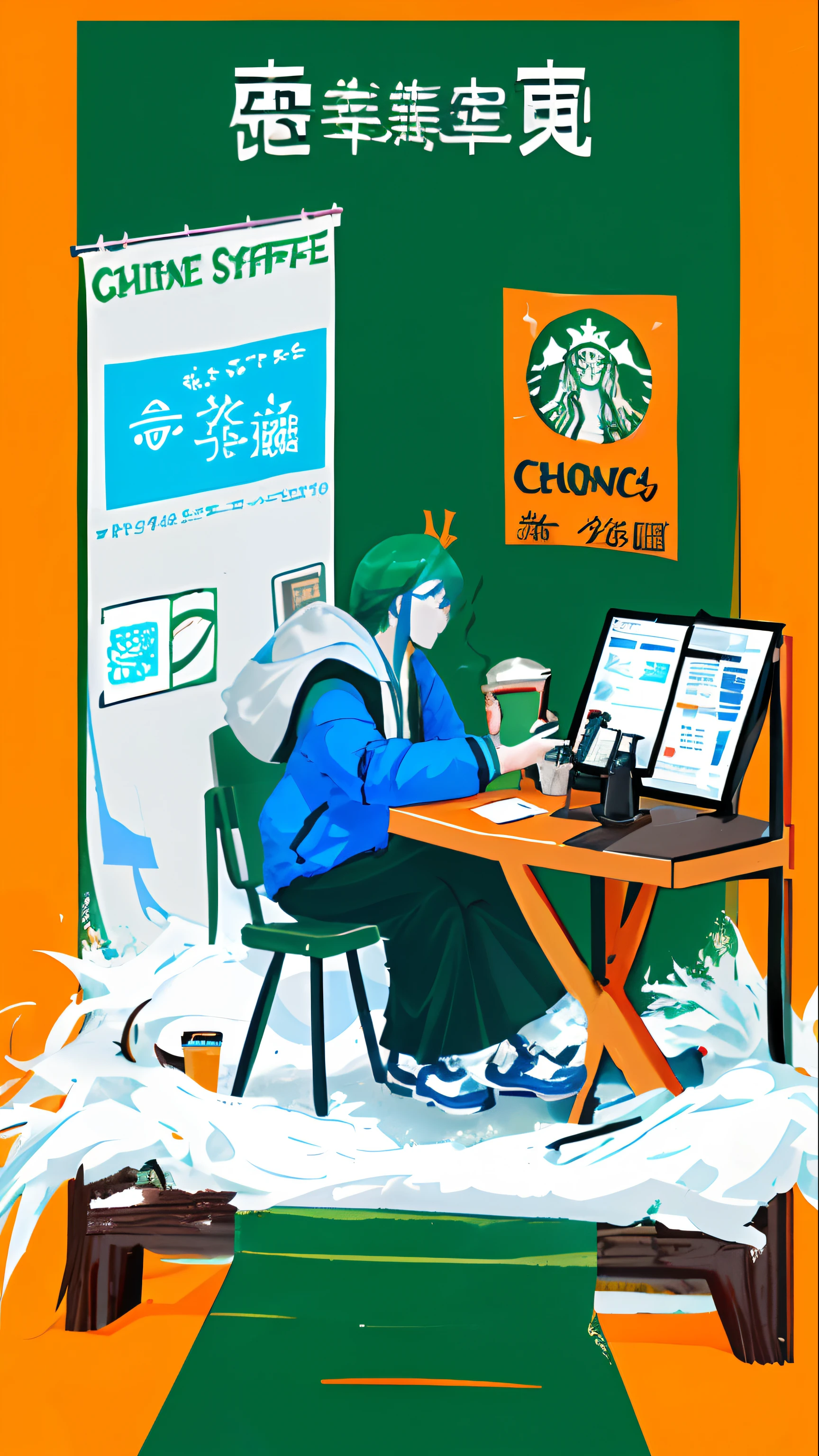 A poster ad text:Chinese Simplified,exaggeration,Vibrant fonts,Alipay APP scan code payment to enjoy 9% discount on coffee Screen elements:cellular phone,The logo of the Alipay app,Coffee cup with Starbucks logo Graphic style:blue colors,green color,white backgrounid,Elegant and textured master piece