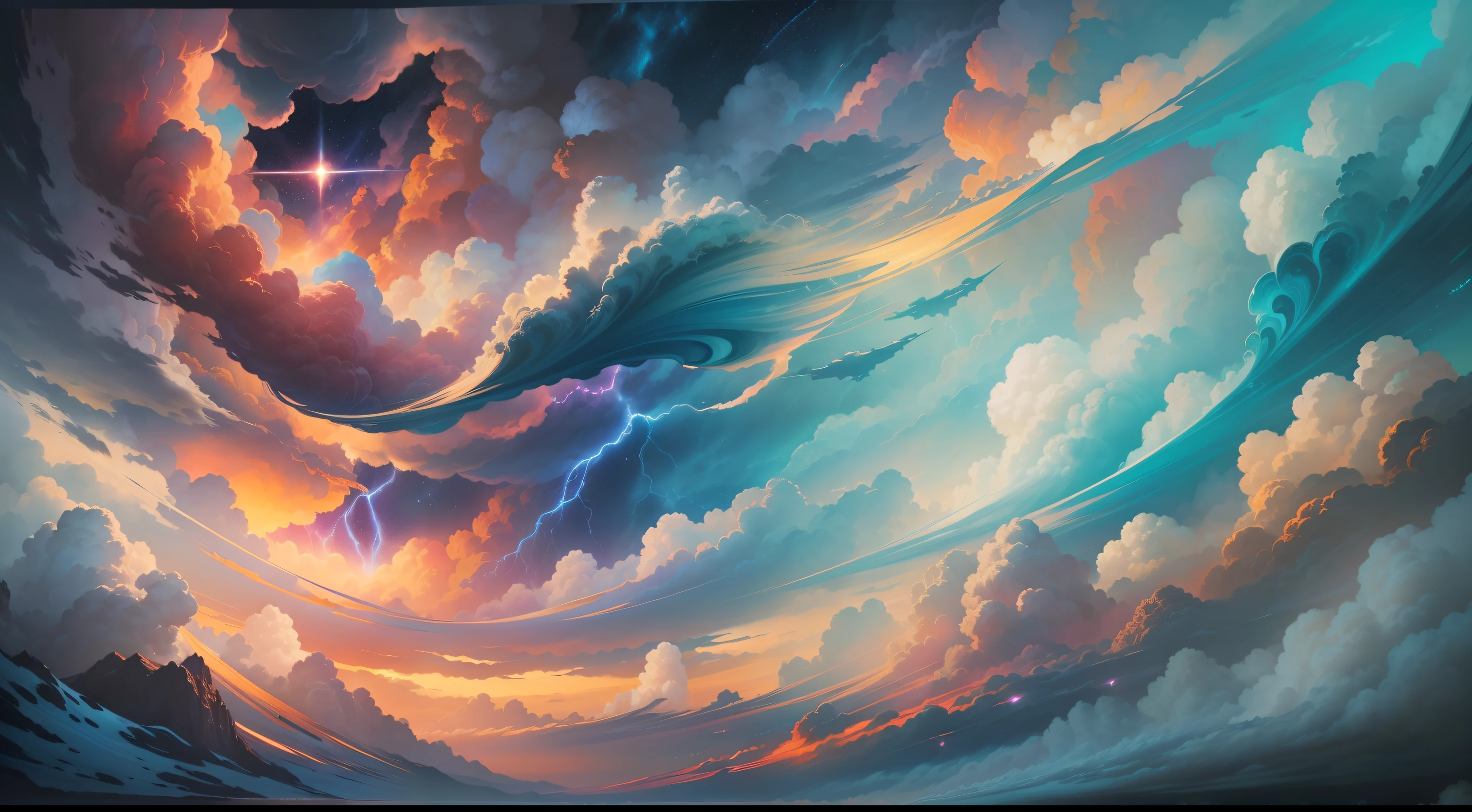 mystic hue clouds,colorfull sky,Fantastic clouds and interstellar storms, bright skies form swirls of magical clouds,Atmospheric dream painting paradise background。