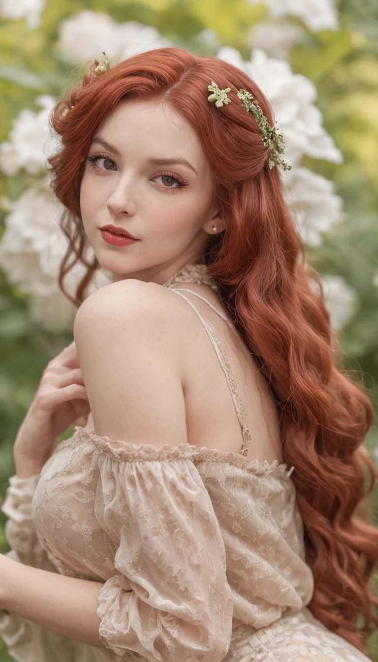 (tmasterpiece, high detal, absurderes, photo RAW), 1 Menina pinup, full bodyesbian, Red long-haired, delicated face, Long eyelashes, pervert smirk, In a romantic retro setting, Summer dress, sockes, High jump