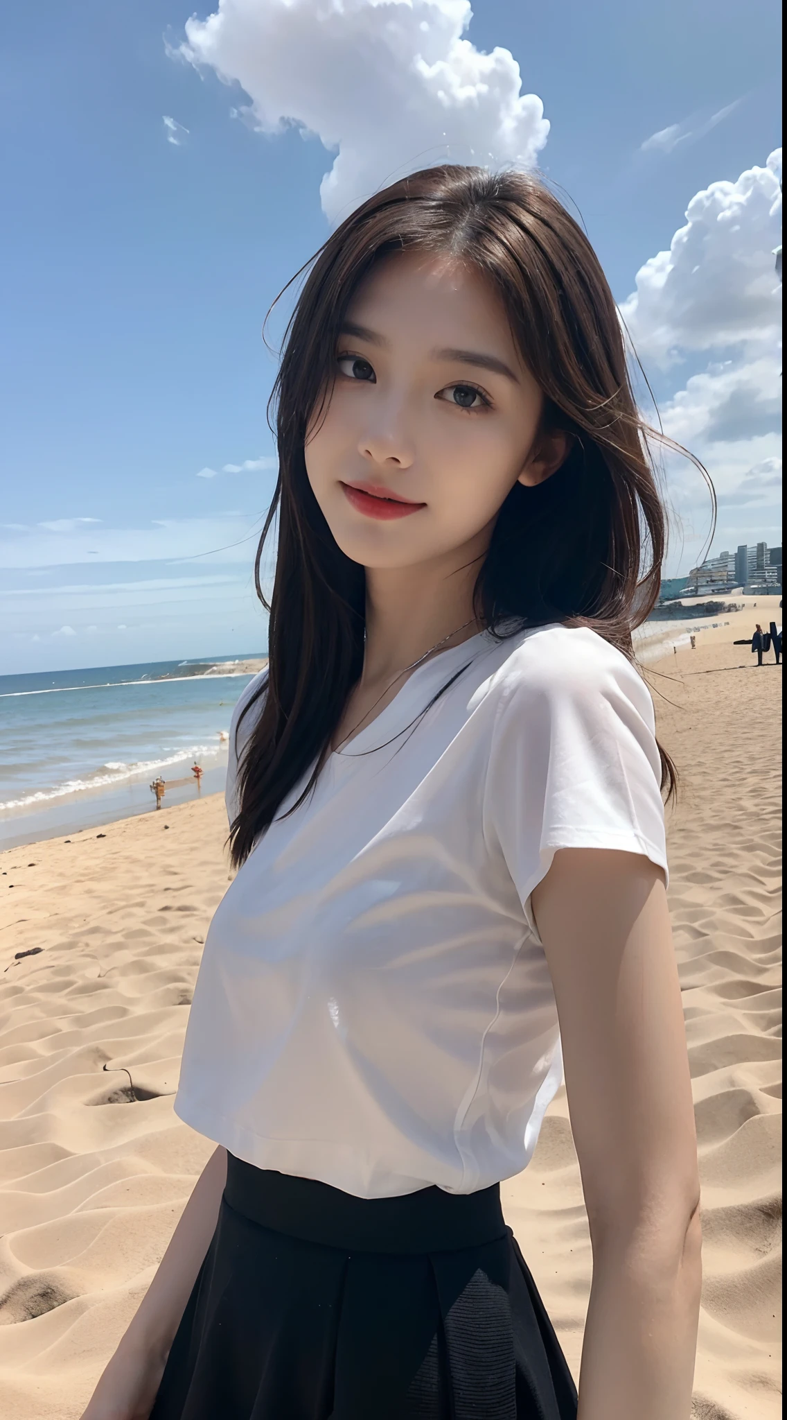 ((Best image quality, 8K, masterpiece: 1.3)), Selfie, sharp focus: 1.2, Lovely beauty,Medium breasts,Perfect body: 1.4, Slim, ((brown hair black)) , (White T-shirt,Pleated Skirt,The facial details are very rich,Happy expression,stand up:1.2),((Blue sky and white clouds,seaside beach:1.3. Mainly focus on women)),Highly detailed face and skin textures,delicate eyes,double eyelids