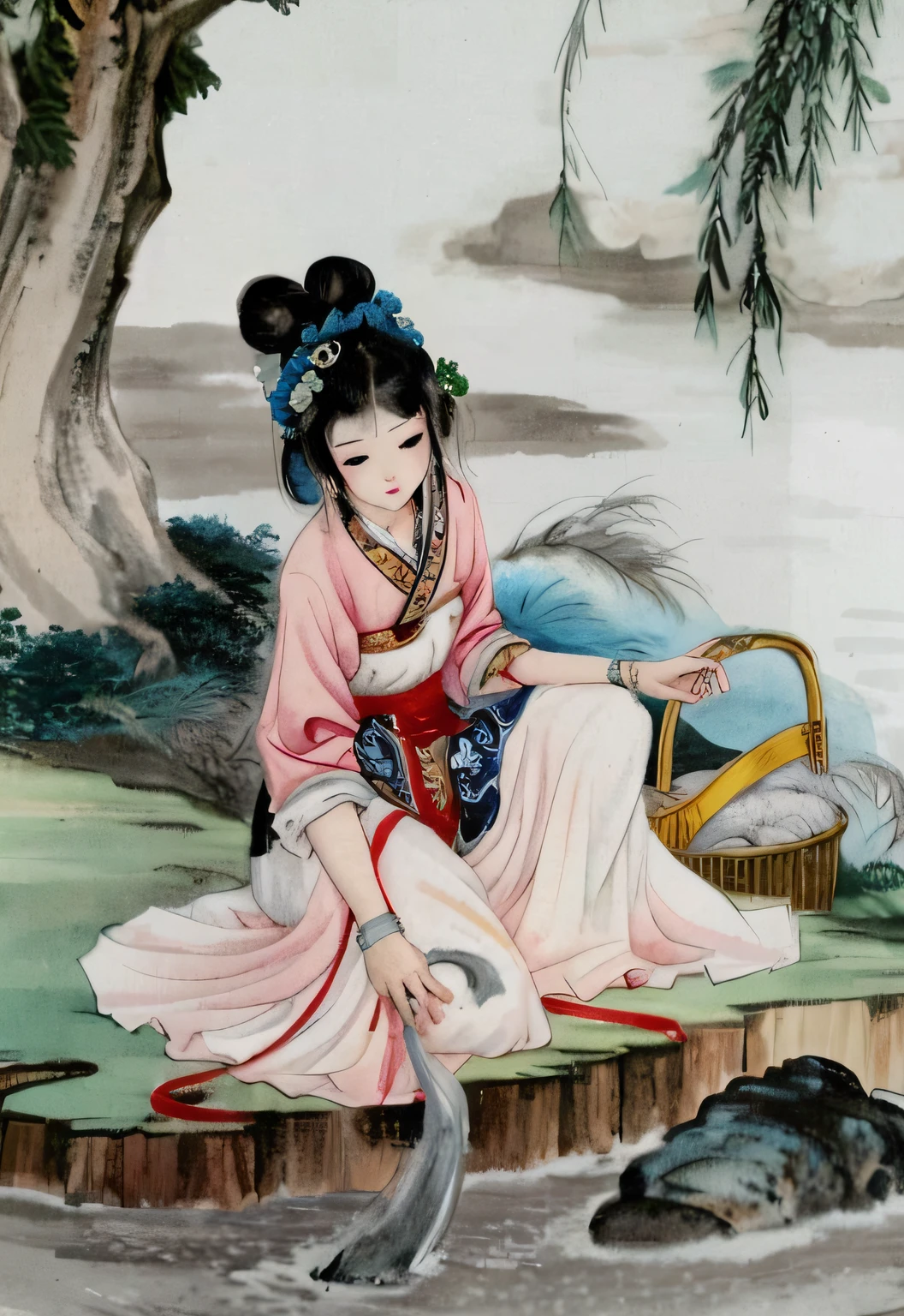 ancient chinese beauti,ancient china art style,  an ancient Chinese goddess, Traditional Chinese art, Chinese woman, traditional painting,  Traditional Chinese painting, Chinese painting style, , Chinese style painting，Laundry by the river