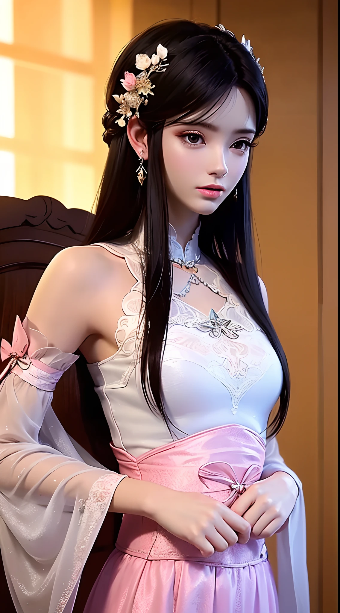 1 beautiful girl wearing ancient costumes, ((pink and light white outfit: 0.8)), Long and silky black hair, hair jewelry and necklaces, Beautiful little face Thin eyebrows, the most beautiful and spotless face, the very beautiful eyes, big round black eyes, fine and detailed makeup eyelashes, High nose, wearing earrings,Small red lips, rosy face, Enlarged and round breasts, tight breasts, breast augmentation, Slim and petite body, slim waist, portrait of a beautiful girl, 8k photo, super high quality, super realistic, 10x super pixels, photo realistic, dark studio, border light, two tone light, (detailed skin) high: 1.2), 8k uhd, dslr, soft light, high quality, volumetric light, candid, Photo, high resolution, 4k quality, 8k, Bokeh, Smooth and sharp, pixel up 10 times, (background space: 1.8), (galaxy: 1.7), aurora, lightning, (Aurora Background: 1.8), upper body,