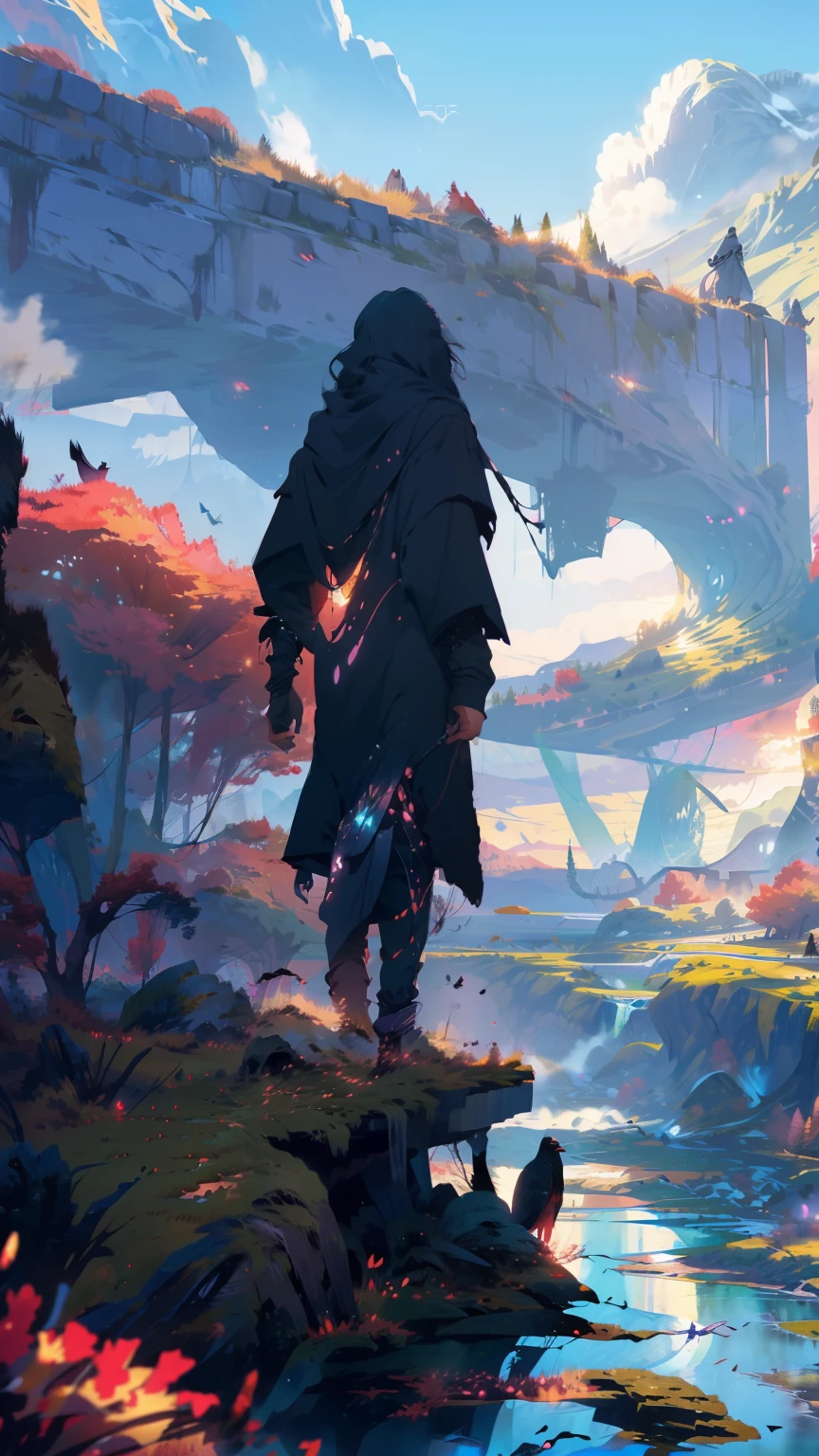 A painting of a man standing on a rock in front of a river - SeaArt AI
