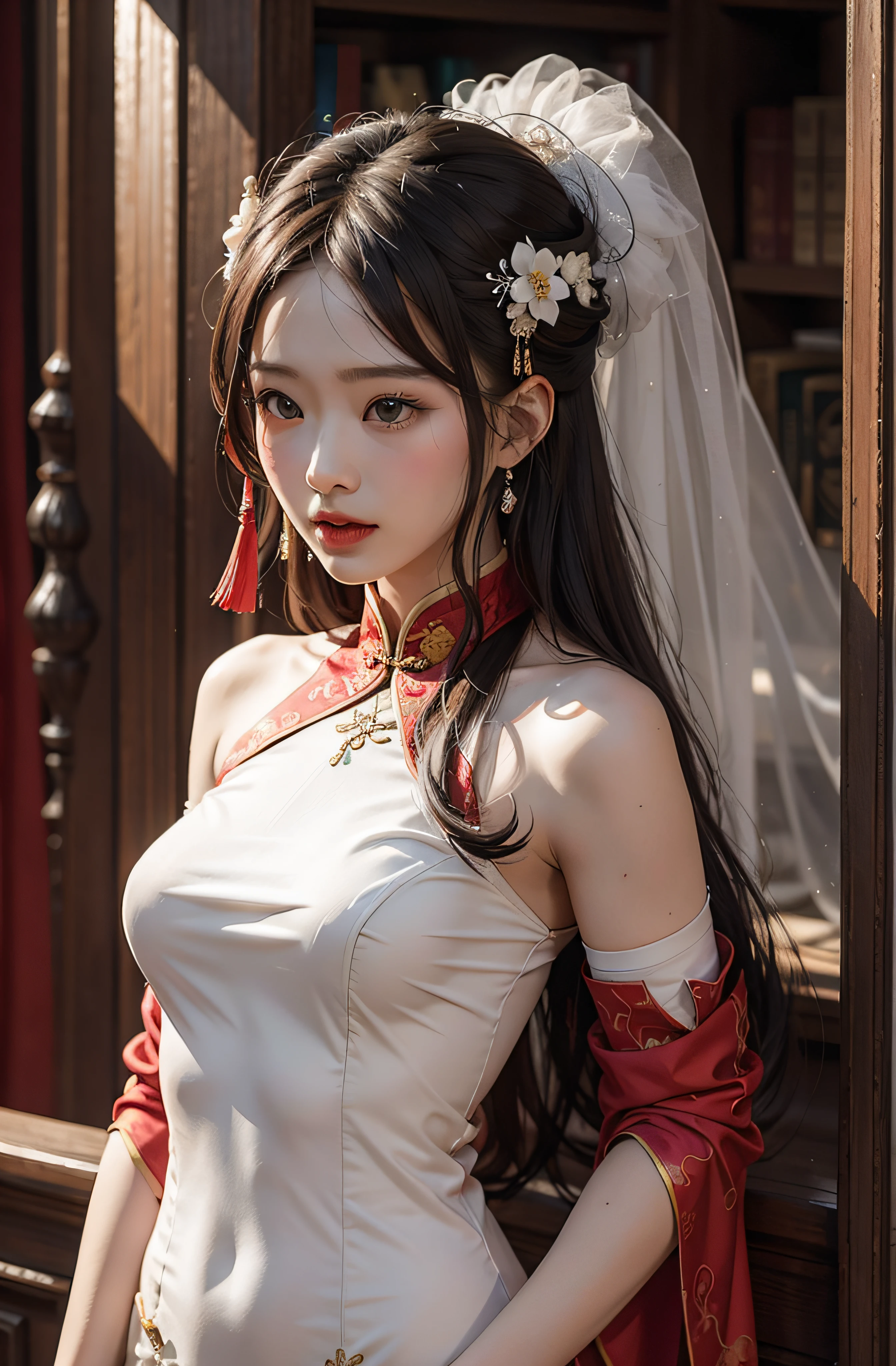 Red gauze on the head，a chinese wedding