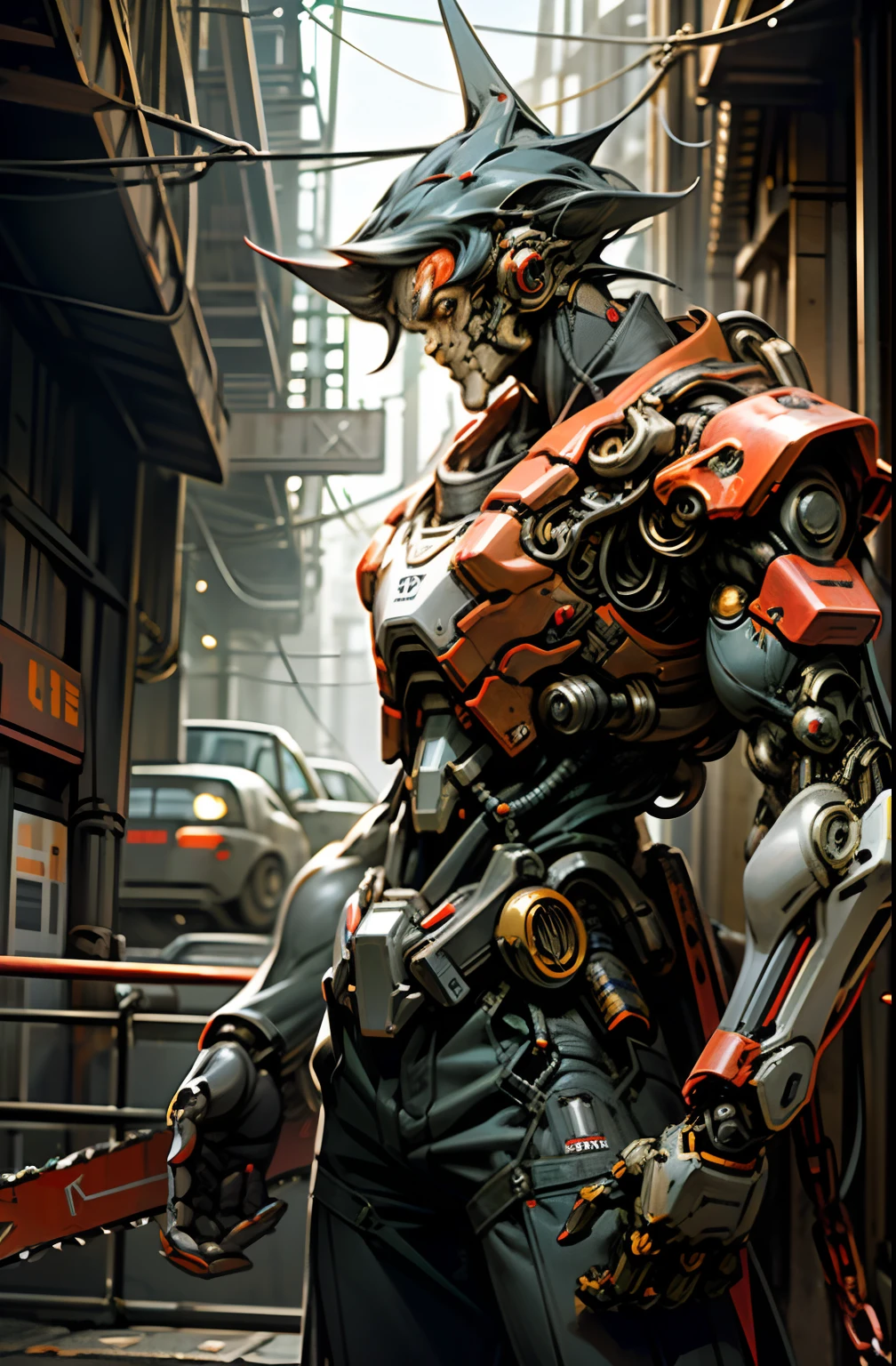 Dark_Fantasy,Cyberpunk,(chain saw,chain saw man,Red:1.1),1man,Mechanical marvel,Robotic presence,Cybernetic guardian, wearing a worn-out mech suit, intricate, (steel metal [rusty]), elegant, clear focus, shot by greg rutkowski, soft lighting, vibrant colors, masterpiece, ((street)), cowboy shot, dynamic pose,