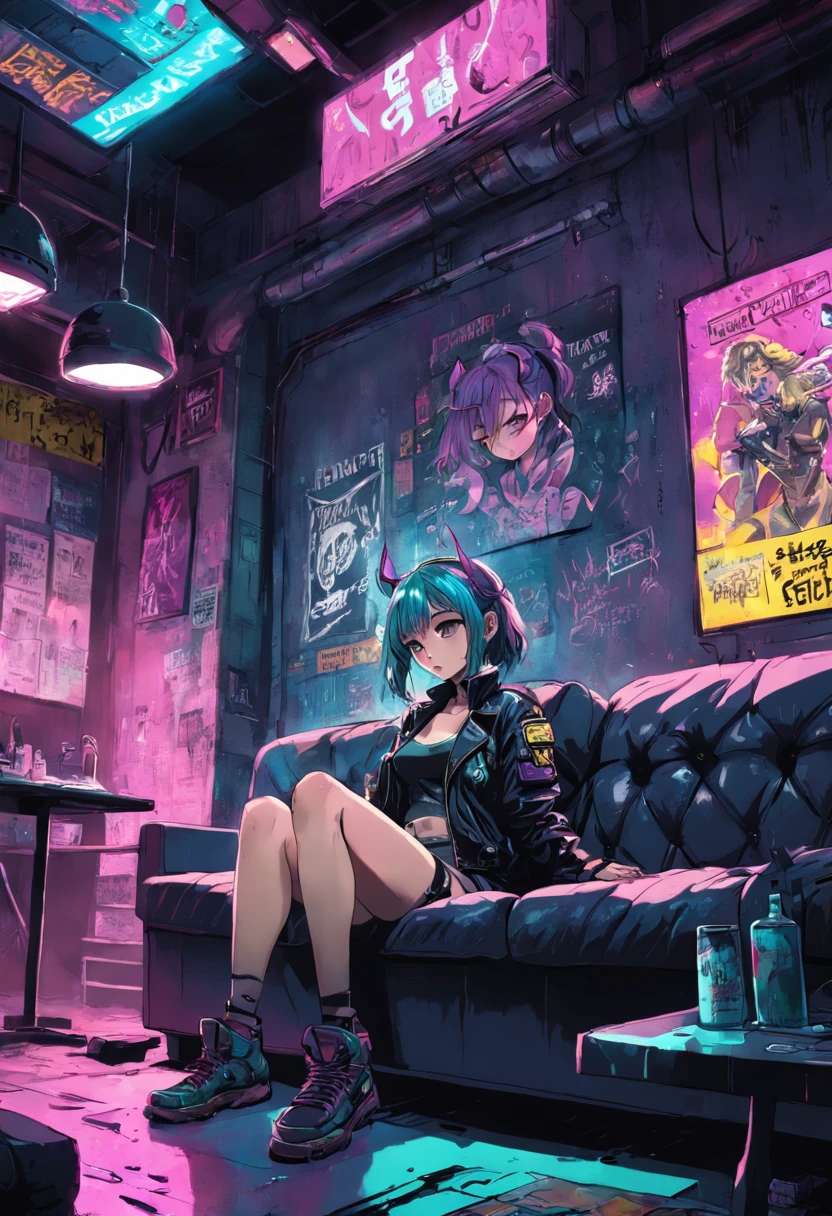 Graphic novel illustration, In the cyberpunk basement, Cyberpunk era, Dark and underground, Poor neon lighting. It has a shabby leather sofa and a table, A girl uses a laptop. Cyberpunk graffiti and punk band poster on the wall, dystopian, illuminations, V 5.2, Style reputation, AR 16:9, Broken glass effect, No background, Stunning, Something that doesn't even exist, Wonderful presence, energy, molecular, Textured, Iridescent colors and glowing scales, breathtaking beauty, Pure perfection, divine presence, Unforgettable, Impressive, breathtaking beauty, volumettic light, has cleavage, Rays, Vivid color reflections