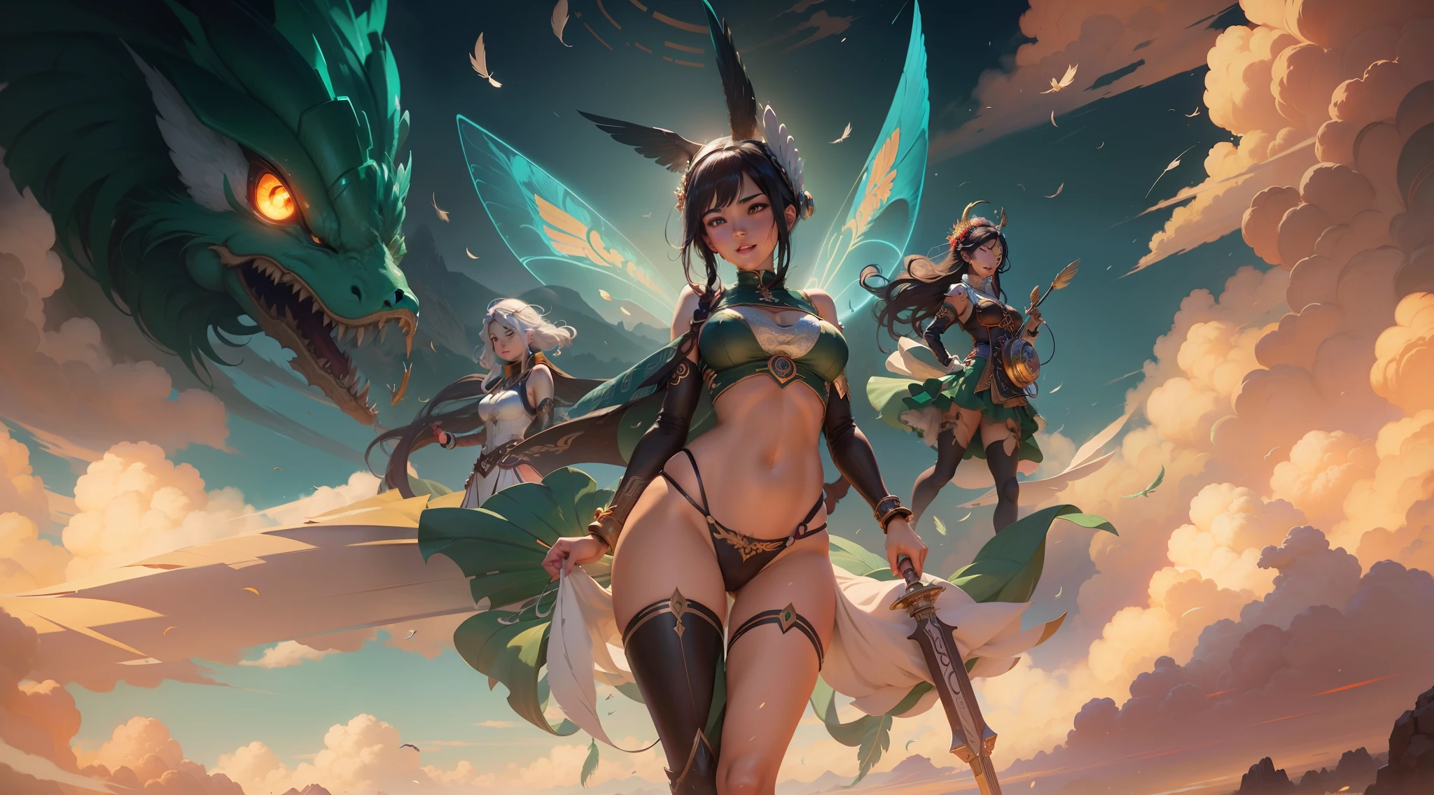 quetzalcoatl, Mexican, Spanish pre-Aztec character design, Studio Ghibli Style, Feathered Serpent, Laughing anime character standing in field in sky background, Guweiz in Pixiv ArtStation, White feathers,Flying,Guweiz on ArtStation Pixiv, Guviz-style artwork, 2. 5 D CGI anime fantasy artwork, Guviz, Kushatt Krenz Key Art Women, Artgerm and Atey Ghailan, guweiz masterpiece --auto