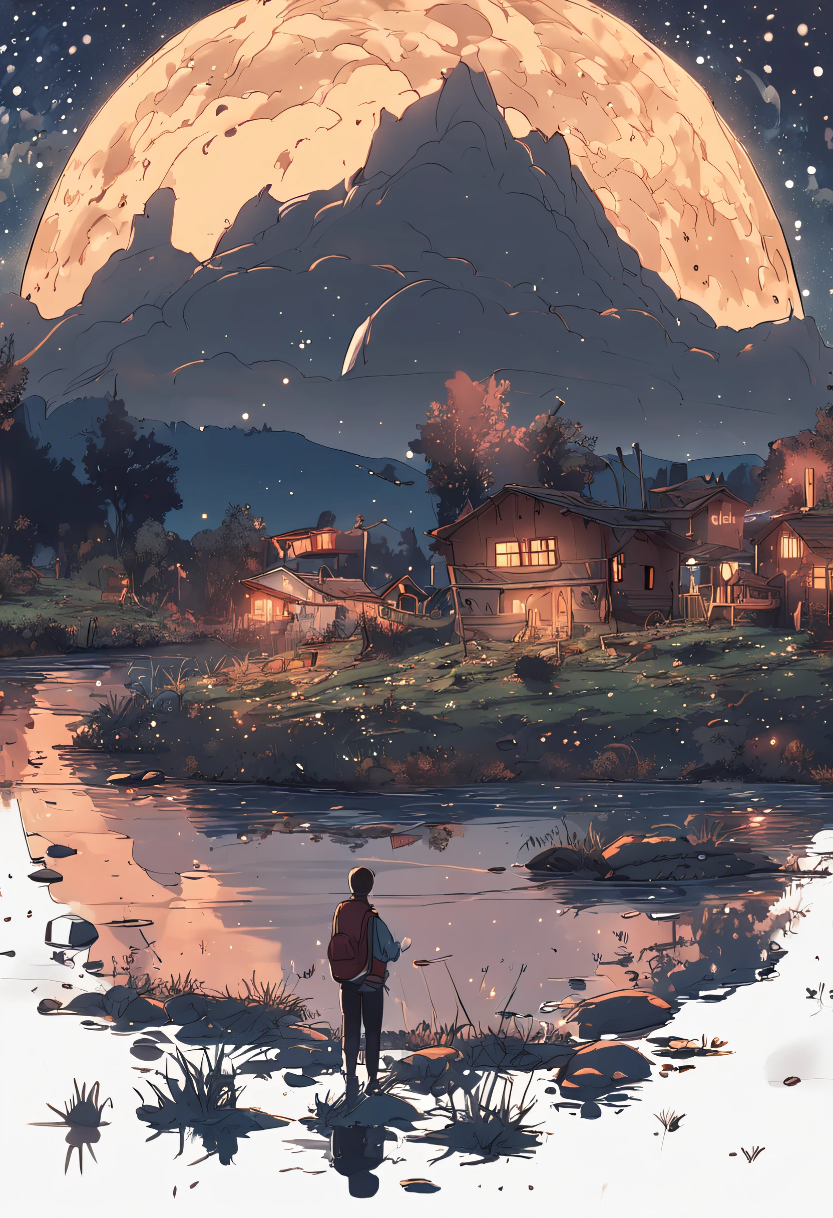 Masterpiece、top-quality、Top image quality、8K quality、、Beautiful starry sky illustration、Two beautiful shooting stars、Fantastical、Lake、Lots of fireflies、