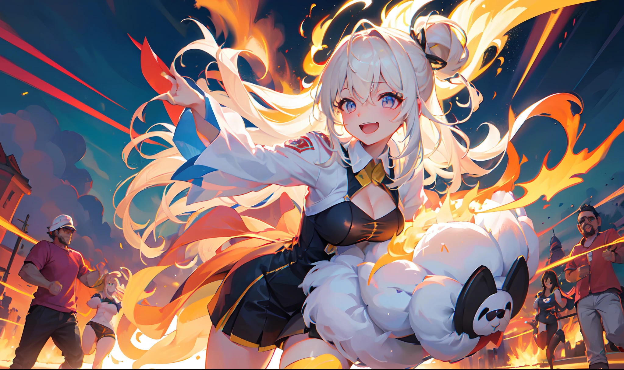 Beautiful white Kitsune, yellow eyes, highly detailed face, highly detailed eyes, big breasts, sexy figure, mature woman, several white kitsune tails, soft long white Kitsune ears, You rule a lake, a huge blue moon in the sky reflecting in the water, full of charred, the eyes would glow yellow,Very detailed face and eyes, Wearing yellow and white Race Suit, Surrounded by crimson yellow fire
