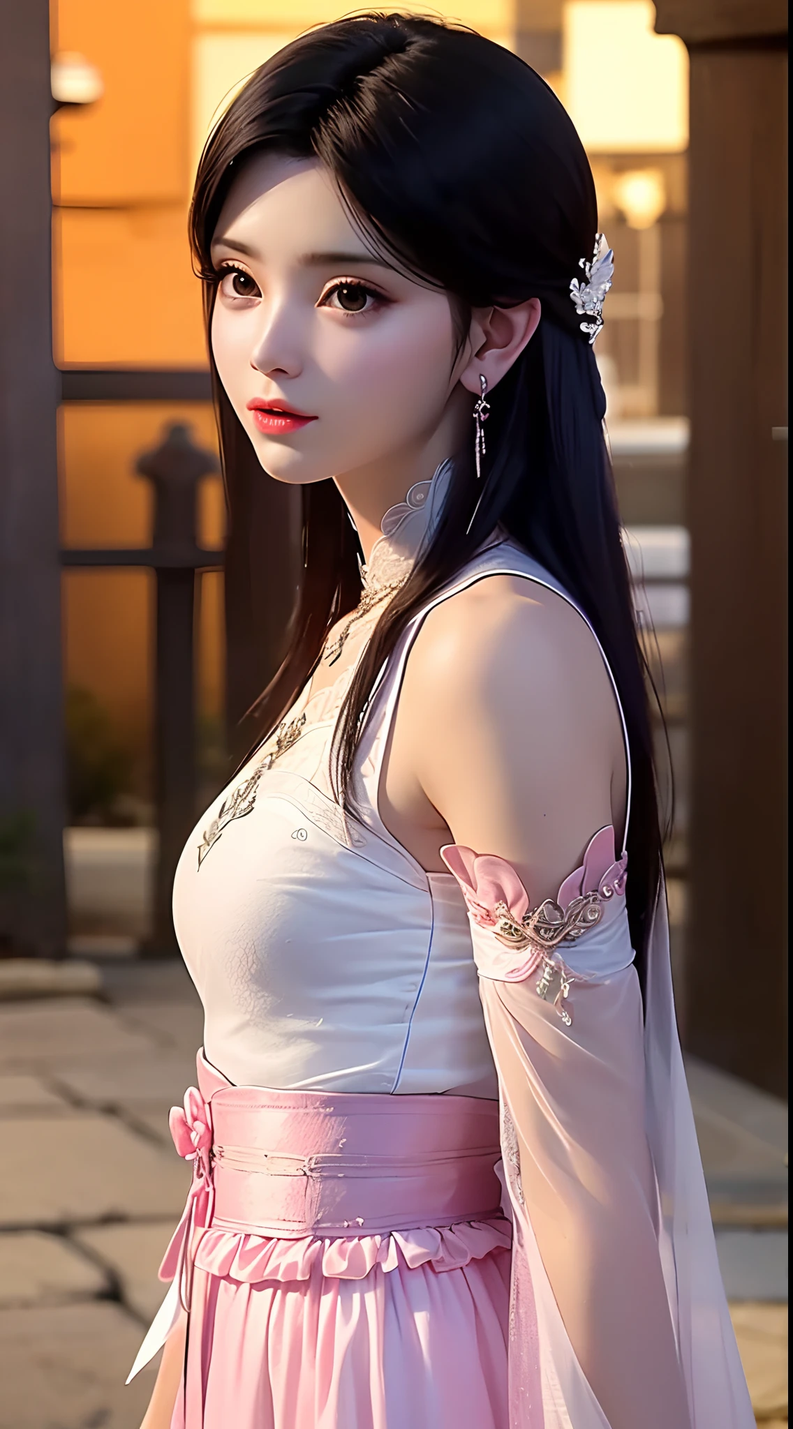 1 beautiful girl wearing ancient costumes, ((pink and light white outfit: 0.8)), Long and silky black hair, hair jewelry and necklaces, Beautiful little face Thin eyebrows, the most beautiful and spotless face, the very beautiful eyes, big round black eyes, fine and detailed makeup eyelashes, High nose, wearing earrings,Small red lips, rosy face, Enlarged and round breasts, tight breasts, breast augmentation, Slim and petite body, slim waist, portrait of a beautiful girl, 8k photo, super high quality, super realistic, 10x super pixels, photo realistic, dark studio, border light, two tone light, (detailed skin) high: 1.2), 8k uhd, dslr, soft light, high quality, volumetric light, candid, Photo, high resolution, 4k quality, 8k, Bokeh, Smooth and sharp, pixel up 10 times, (background space: 1.8), (galaxy: 1.7), aurora, lightning, (Aurora Background: 1.8), upper body,
