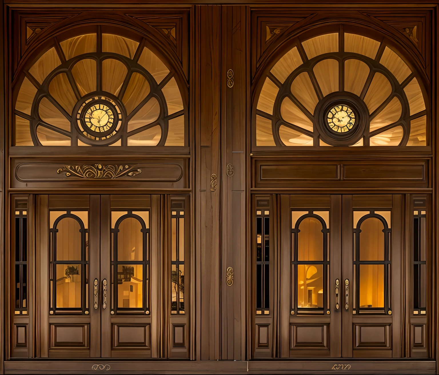 Close-up of two doors with windows and one door with clock, round doors, neo - classical style, massive decorated doors, tall entry, nesting glass doors, Metal frame portal, wide angle exterior 2022, Wrought-iron construction, 3 doors, Neoclassical style, Iron arc door door texture, symmetrical front view, Front view complete pastel brown, Black fine lines on warm brown, brown:-2, Dark brown, brown pubic fur, Burnt amber, Dark tone, Fine-grained texture, brown pubic fur, Bronze material, Brown tassels, brown pubic fur, Brown tones, walnut wood, brownish colors, Rich wood grain