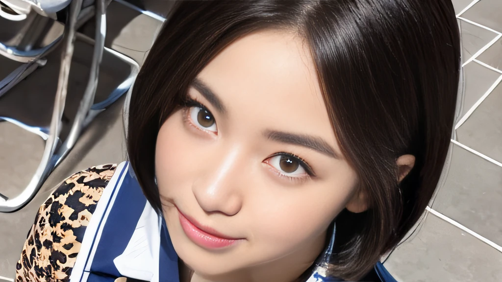 Black short-wave hair、White Skin Skin、chineseidol、年轻、Thick eyebrows、Black eyes、biting lip、smile in face、Cobalt blue uniform、Leopard print tie、(1 female student)、In the school classroom、sit on chair、Slim eyebrows、Brown hairpins、hentail realism、8K、tmasterpiece、A high resolution、、anatomically correcte、、from above view、32K quality