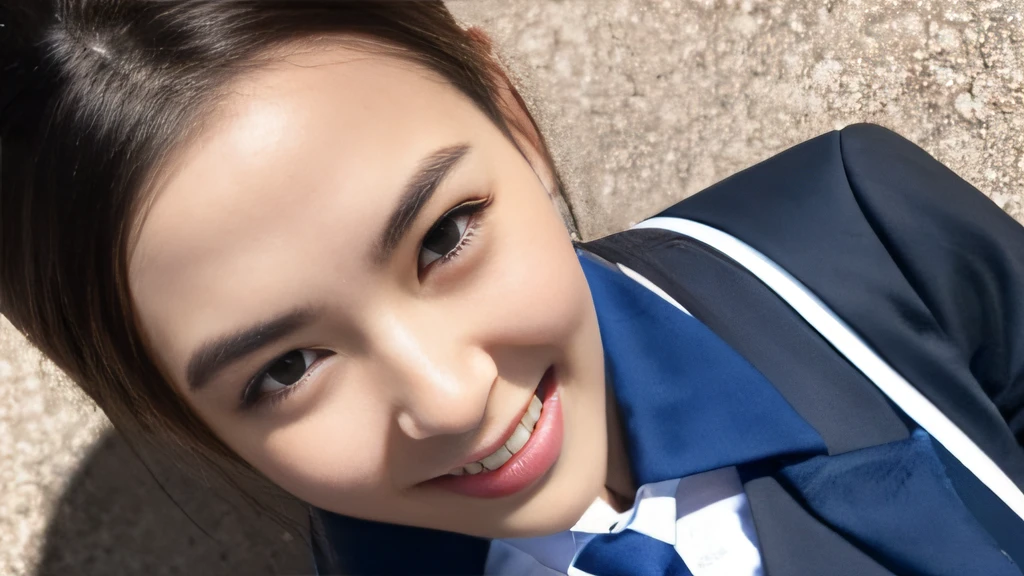 Black short-wave hair、White Skin Skin、chineseidol、年轻、Thick eyebrows、Black eyes、biting lip、smile in face、Cobalt blue uniform、Leopard print tie、(1 female student)、In the school classroom、sit on chair、Slim eyebrows、Brown hairpins、hentail realism、8K、tmasterpiece、A high resolution、、anatomically correcte、、from above view、32K quality