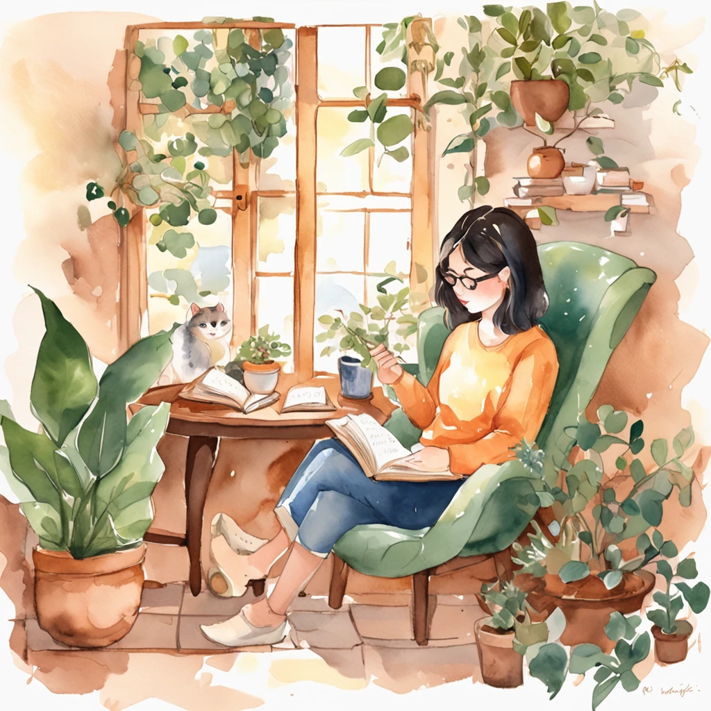 there is a woman round head sitting in a chair reading a book, lofi girl, lo-fi illustration style, cats and plants, lofi girl aesthetic, reading a book, dreamy illustration, cute illustration, relaxing mood, studying, lofi art, relaxing concept art, blurry and dreamy illustration, lofi artstyle, there is a book next to the cat