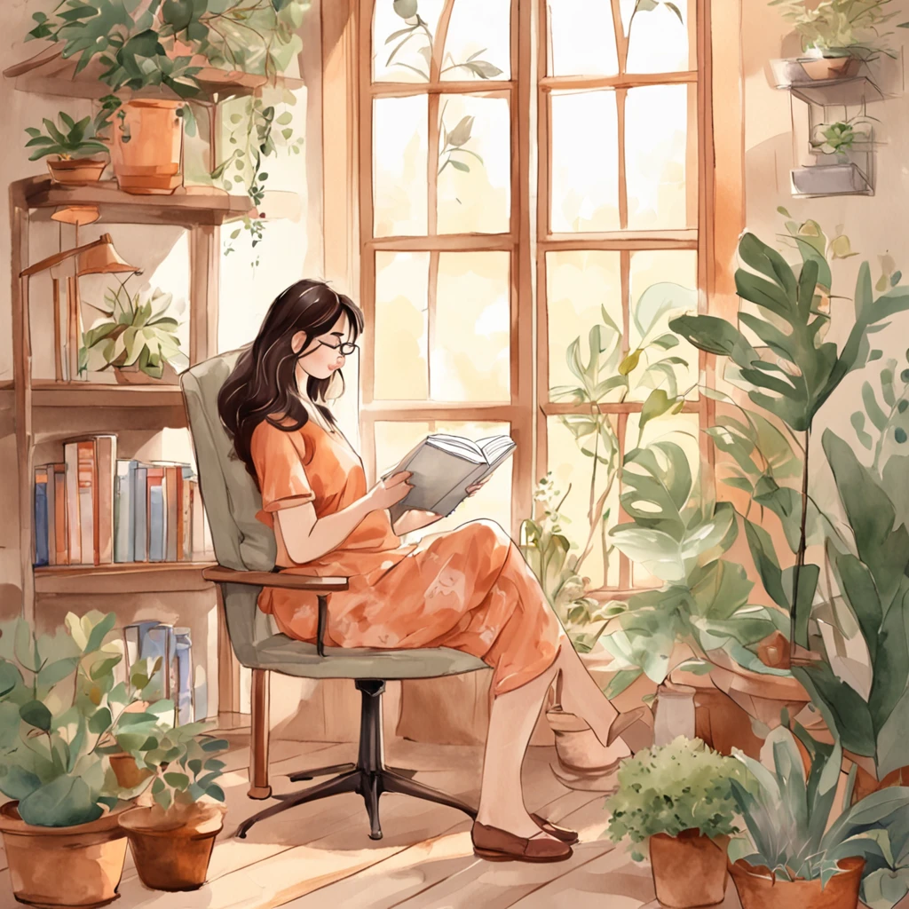 there is a woman round head sitting in a chair reading a book, lofi girl, lo-fi illustration style, cats and plants, lofi girl aesthetic, reading a book, dreamy illustration, cute illustration, relaxing mood, studying, lofi art, relaxing concept art, blurry and dreamy illustration, lofi artstyle, there is a book next to the cat