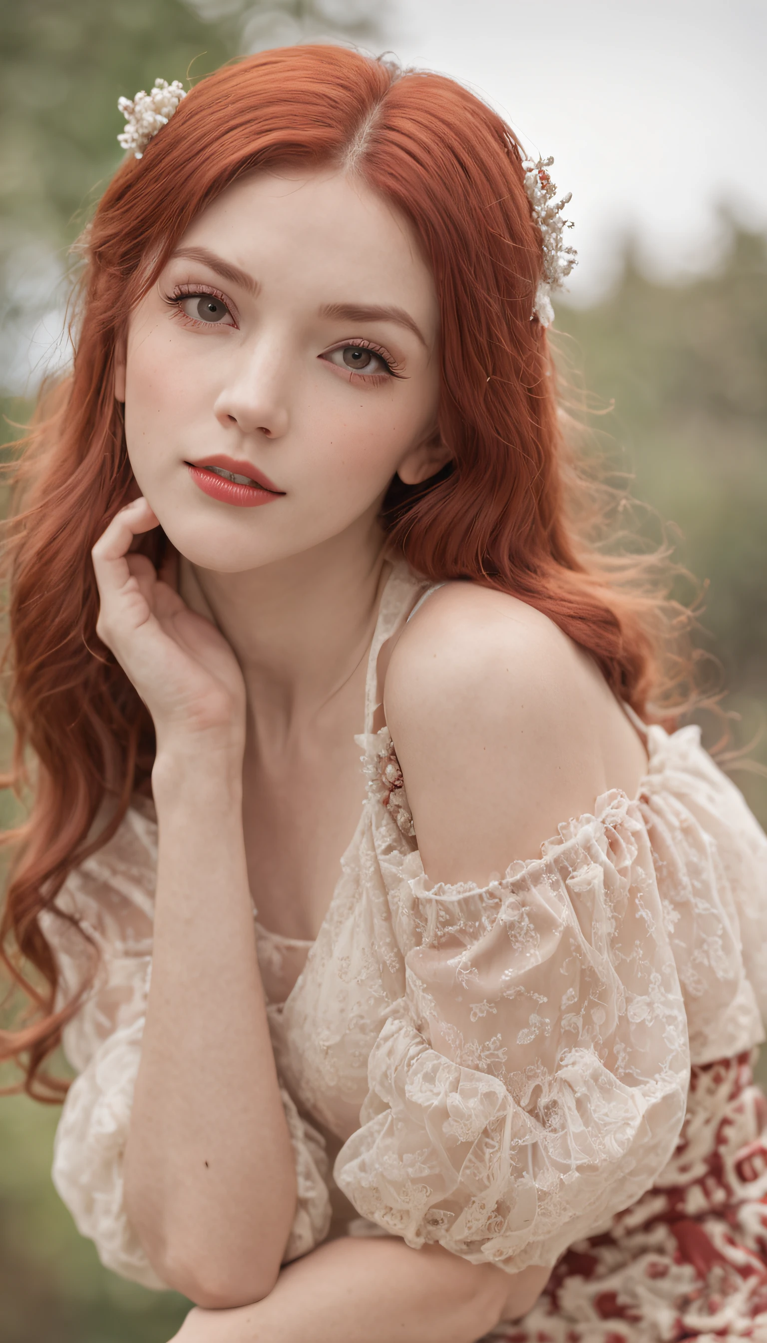 (tmasterpiece, high detal, absurderes, photo RAW), 1 Menina pinup, full bodyesbian, Red long-haired, delicated face, Long eyelashes, pervert smirk, In a romantic retro setting, Summer dress, sockes, High jump