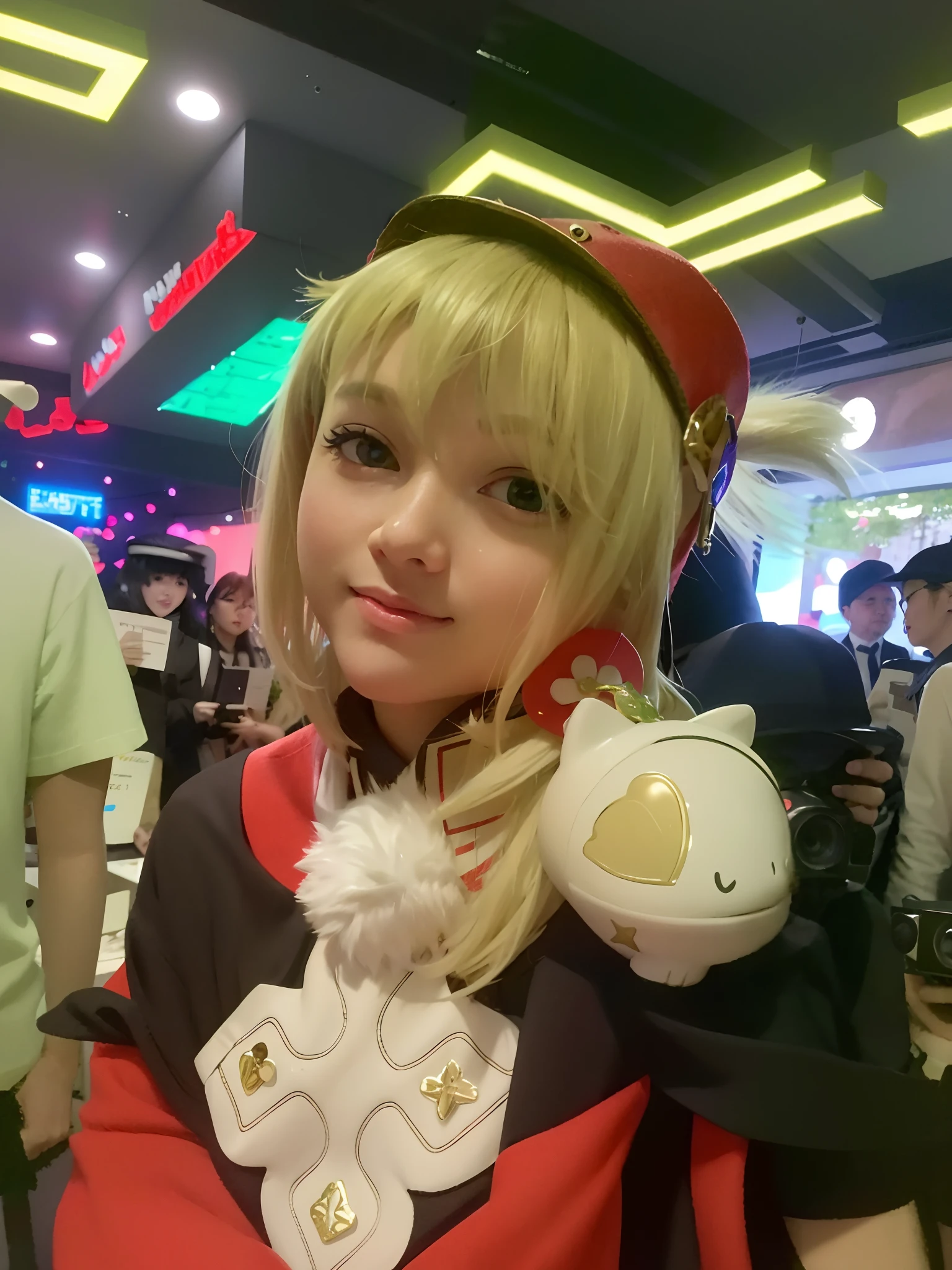 tmasterpiece, best qualtiy, inside in room, (peeping at the viewer:1.4), roleplaying, 1girll, bucket-hat, cameras, holding a camera, 独奏, Green eyes, halter, red headgear, ssmile, By bangs, looking at viewert, Separate the sleeves, :D, longer sleeves, Ribbons, white shirt, The upper part of the body, beret, Virtual YouTuber, Medium hair, The shirt, glitters, Be red in the face, cabbie hat, short detailed hair,