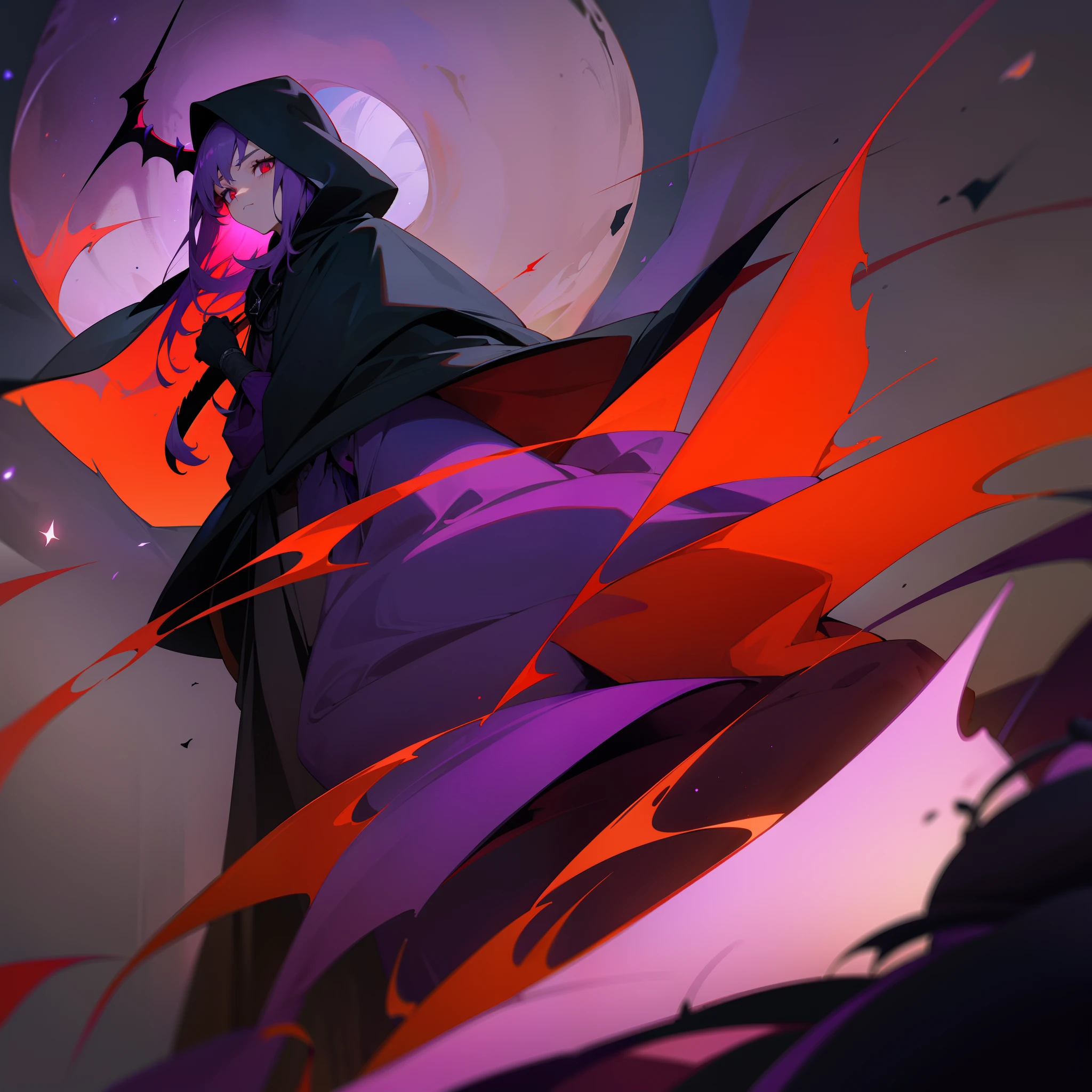cloaks，Wearing a mask，There is a cross on the mask，Blood-red eyes，Bandages on the face，The cloak will cover the entire body，The cloak will cover the head，a black cloak，Dark Department，Purple starry sky，Red smoke flashed on the mask，Dragon horns grow，Four purple dragon wings，black glove，There is a purple hourglass between the hands，4K，A high resolution，Enhance lighting，Dingdall effect